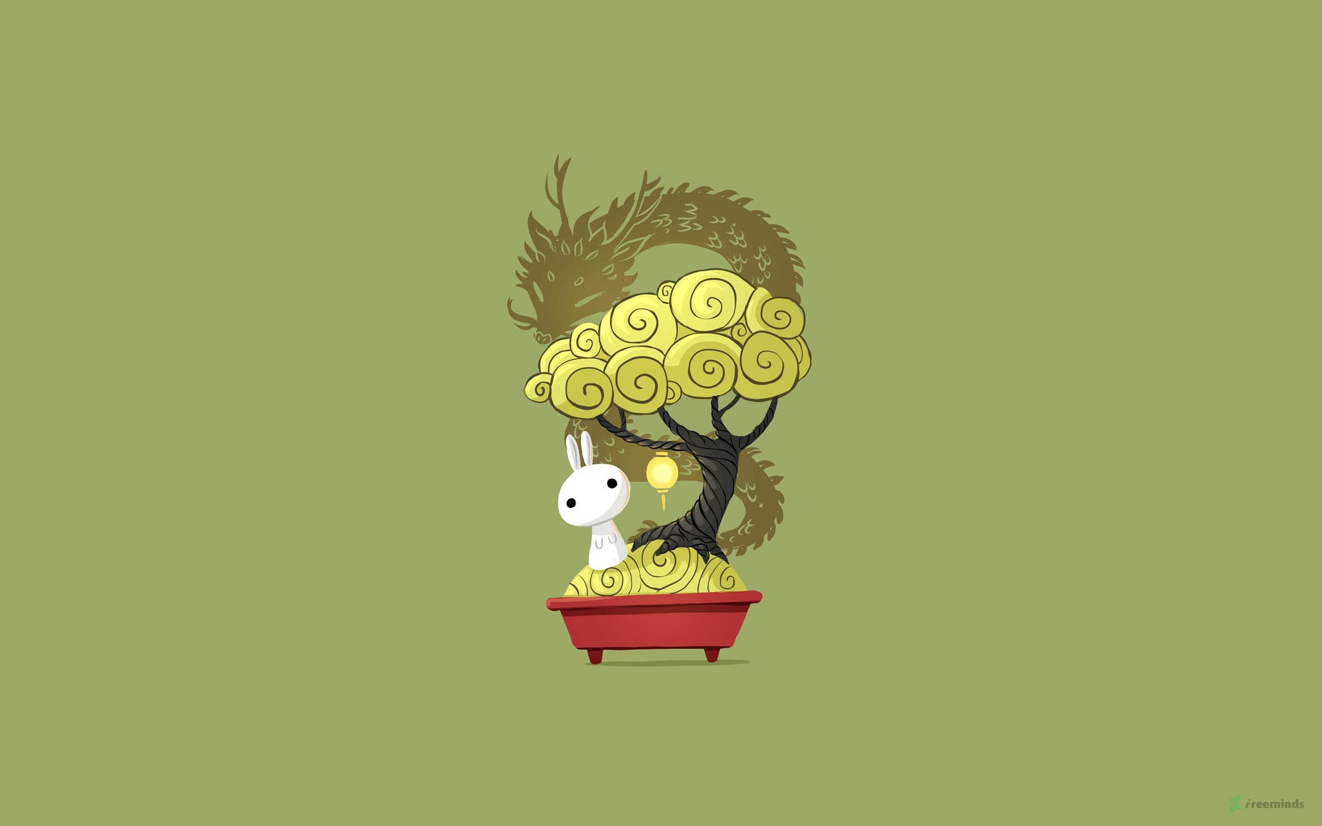 simple background, minimalism, 1080P, rabbit, funny, artwork, digtal art, bonsai, Dragon, HD Wallpaper