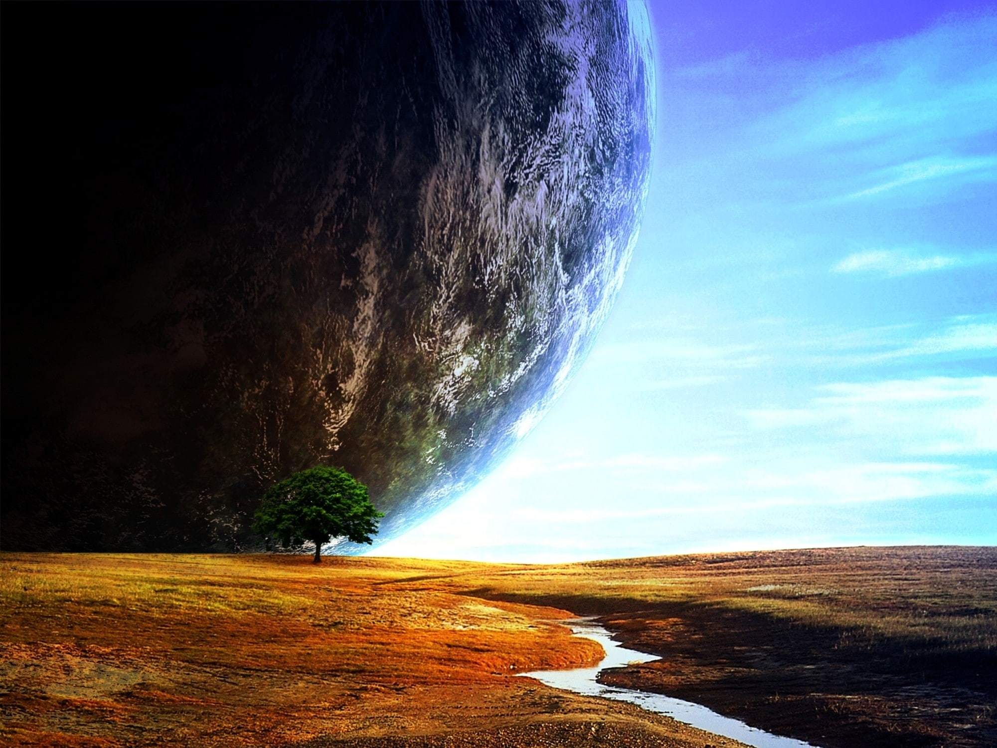 tranquility, digtal, sky, tranquil scene, non-urban scene, beauty in nature, water, horizon, blue, space, day, art, environment, Stream, cloud - sky, planets, HD Wallpaper