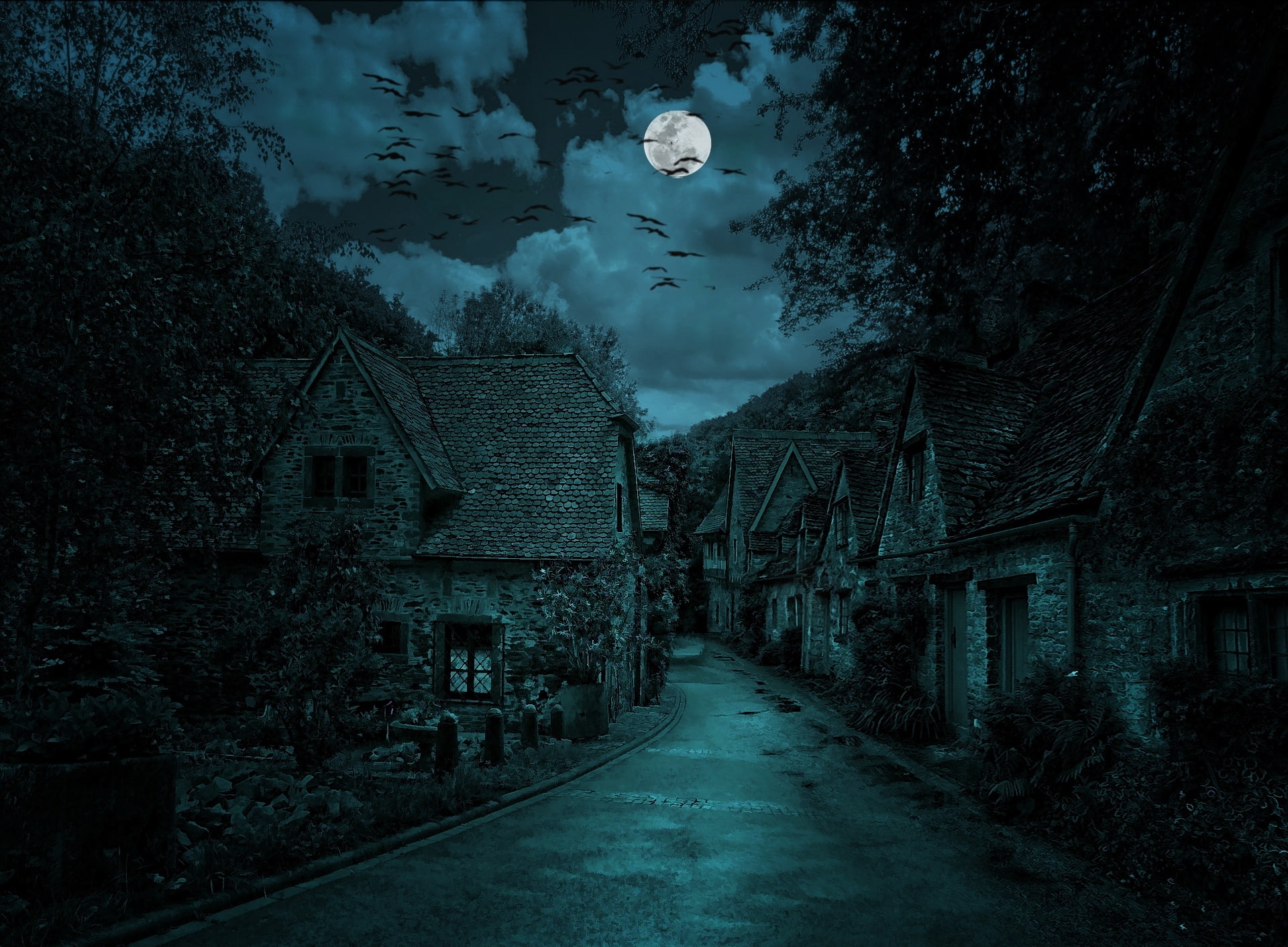 moonlight, road, 1080P, full moon, full, residential district, hd, direction, the way forward, built structure, dark, alley, artistic,fantasy, HD Wallpaper