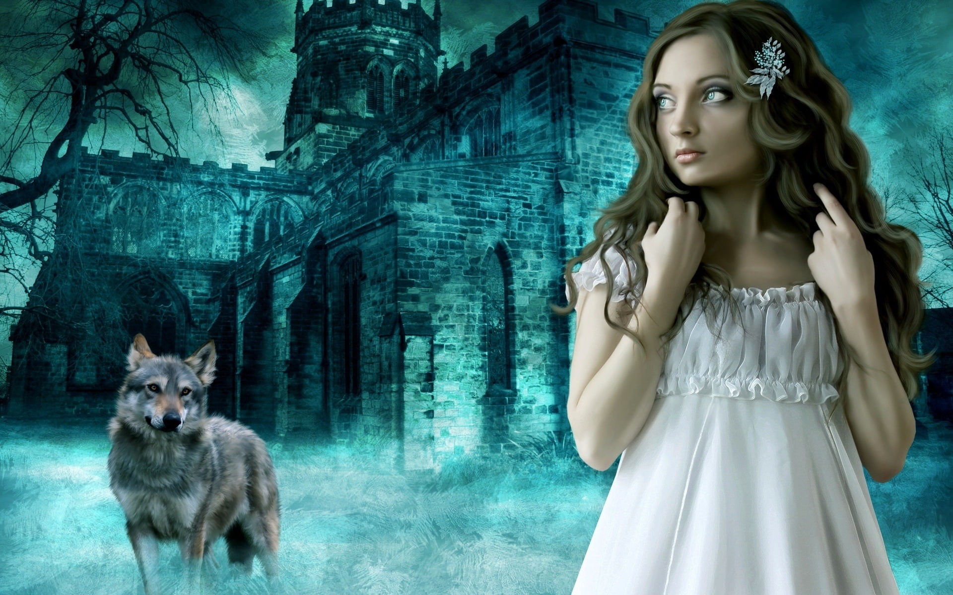 haired, 1080P, female, Fantasy, Castle, Outside, Wolf, brown, Girl, fox, HD Wallpaper