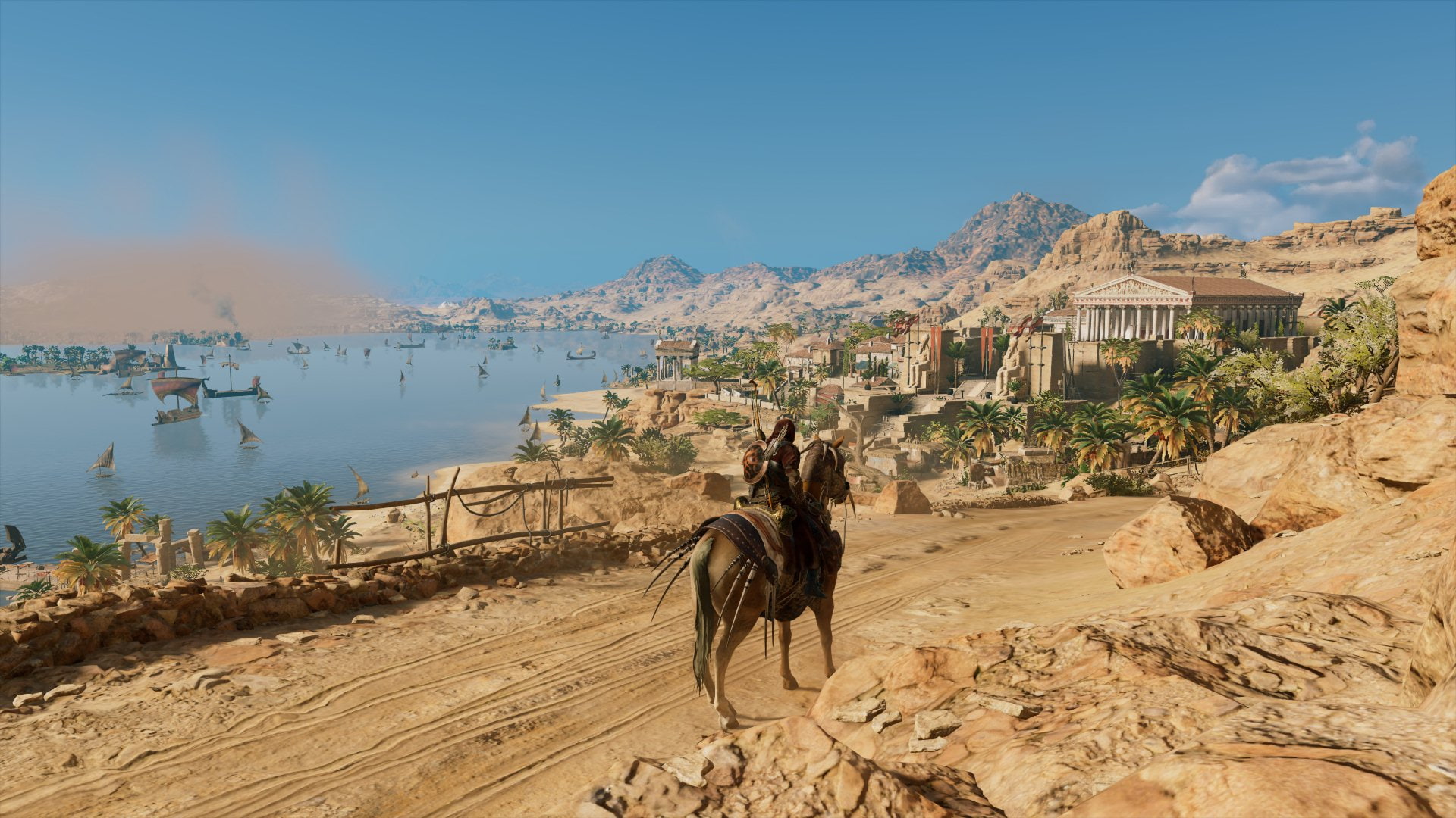 Assassins Creed, nature, sunlight, working animal, riding, real people, architecture, 1080P, RPG, animal themes, one person, video games, outdoors, sky, HD Wallpaper