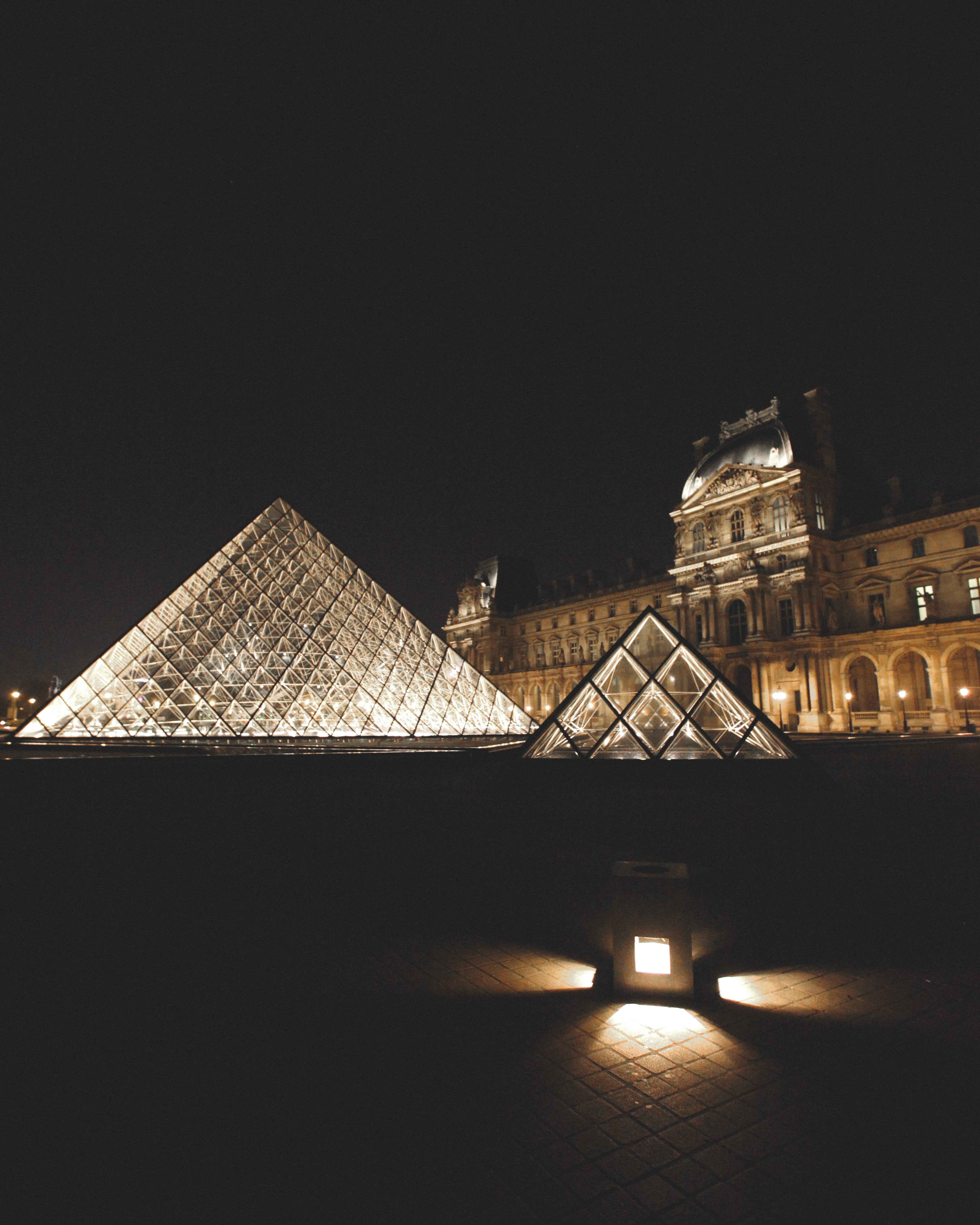 5K, pyramid, clear sky, city, building, france, travel, tourism, paris, history, architecture, the past, no people, travel destinations, night, illuminated, Phone HD Wallpaper