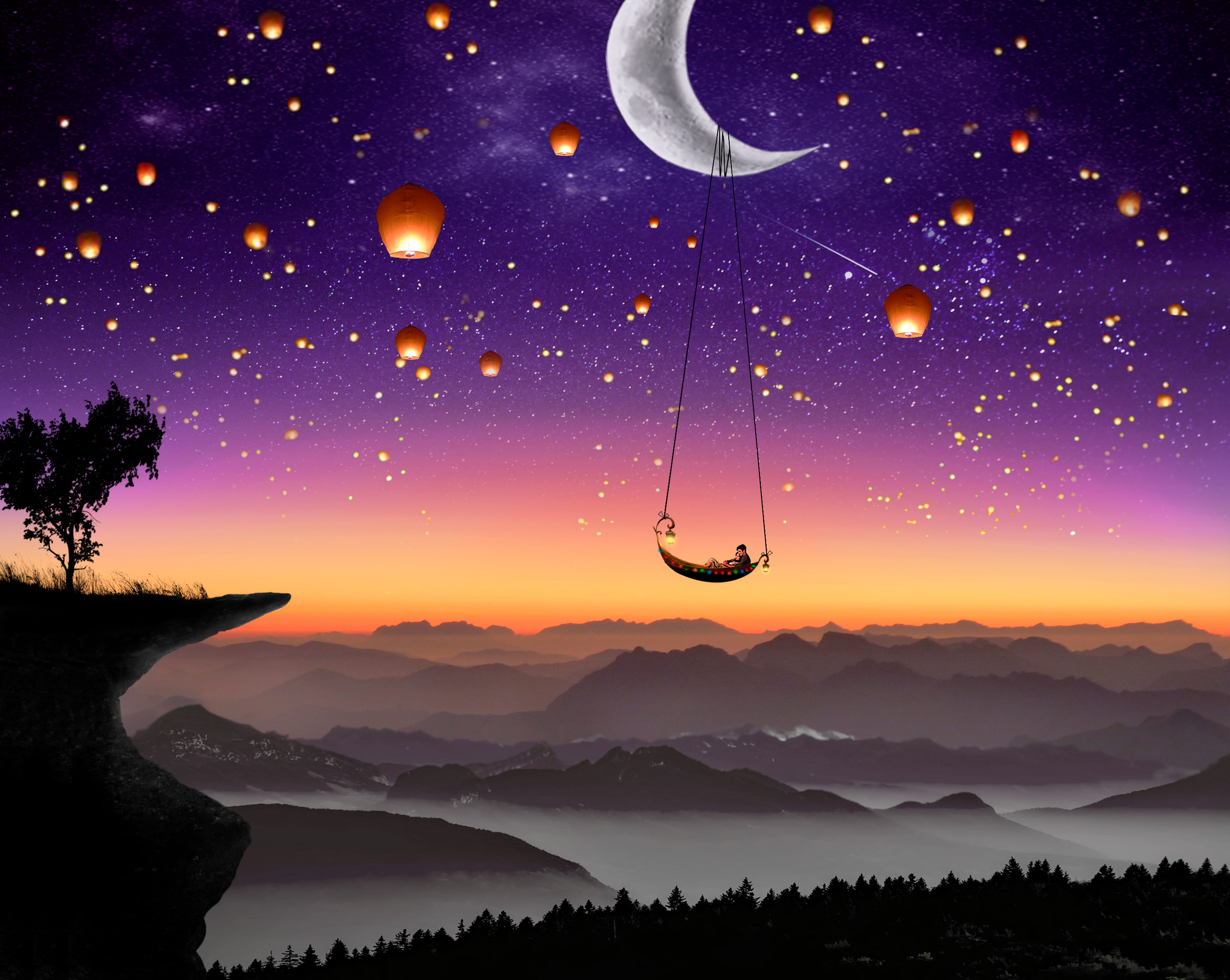 crescent, lantern, 2K, Lanterns, Couple, HD, Moon, illustration, HD Wallpaper
