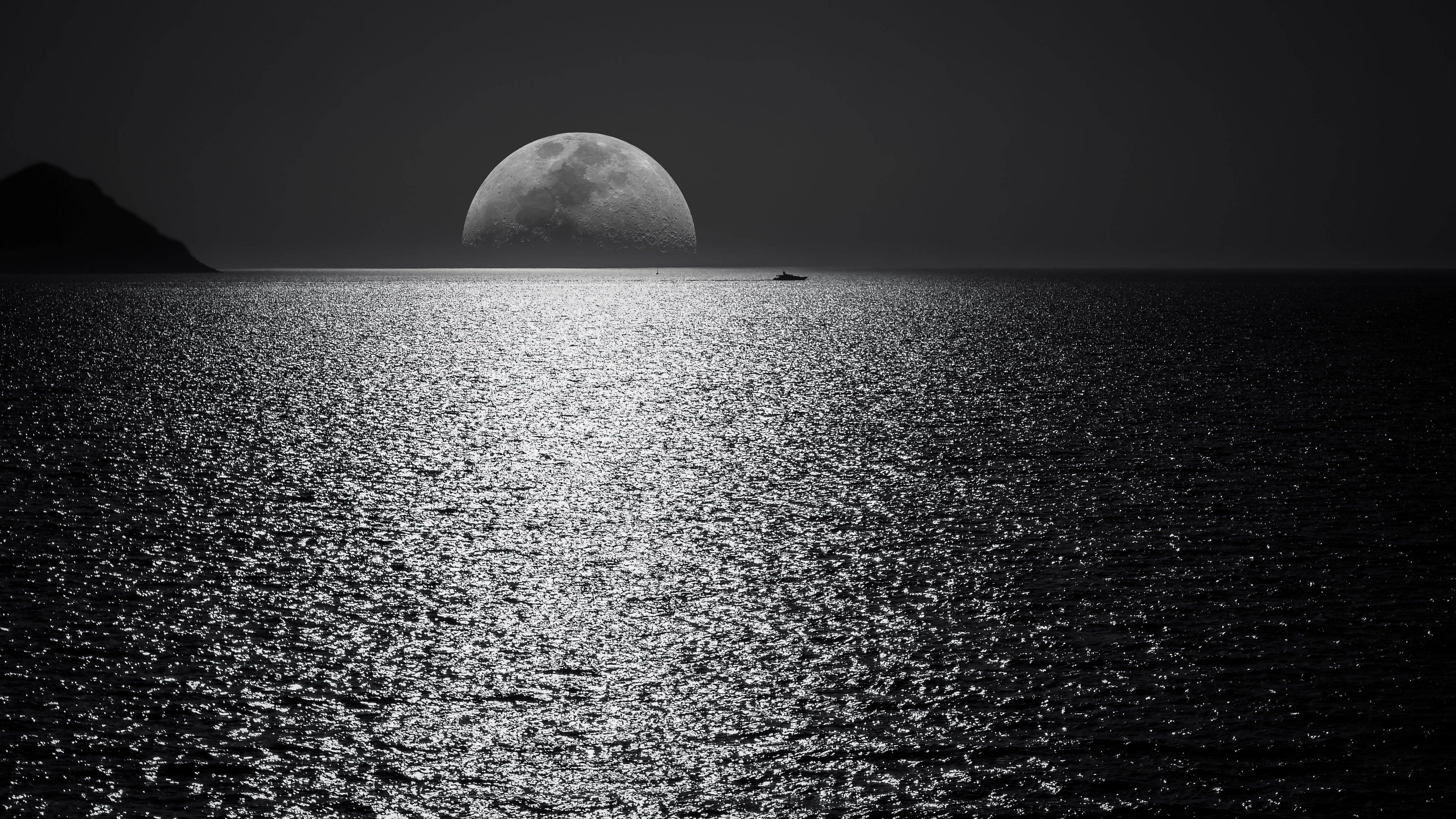 outdoors, waterfront, no people, 5k, tranquility, evening, 4K, 4k, water, horizon over water, full moon, night, seascape, horizon, monochrome, scenics - nature, HD Wallpaper