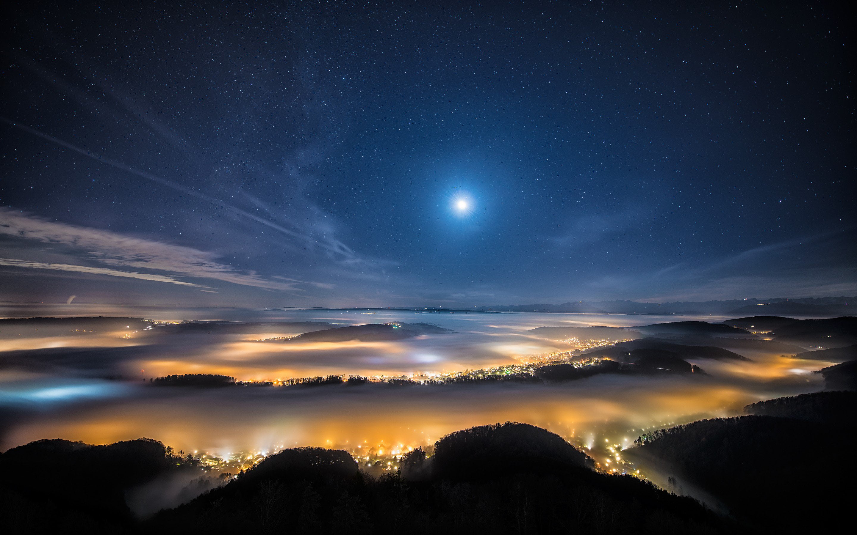 full moon, 2K, sky, swiss, cloud - sky, scenics - nature, nature, milky way, moonlight, no people, mountain, hd, beauty in nature, galaxy, mountains, night, HD Wallpaper