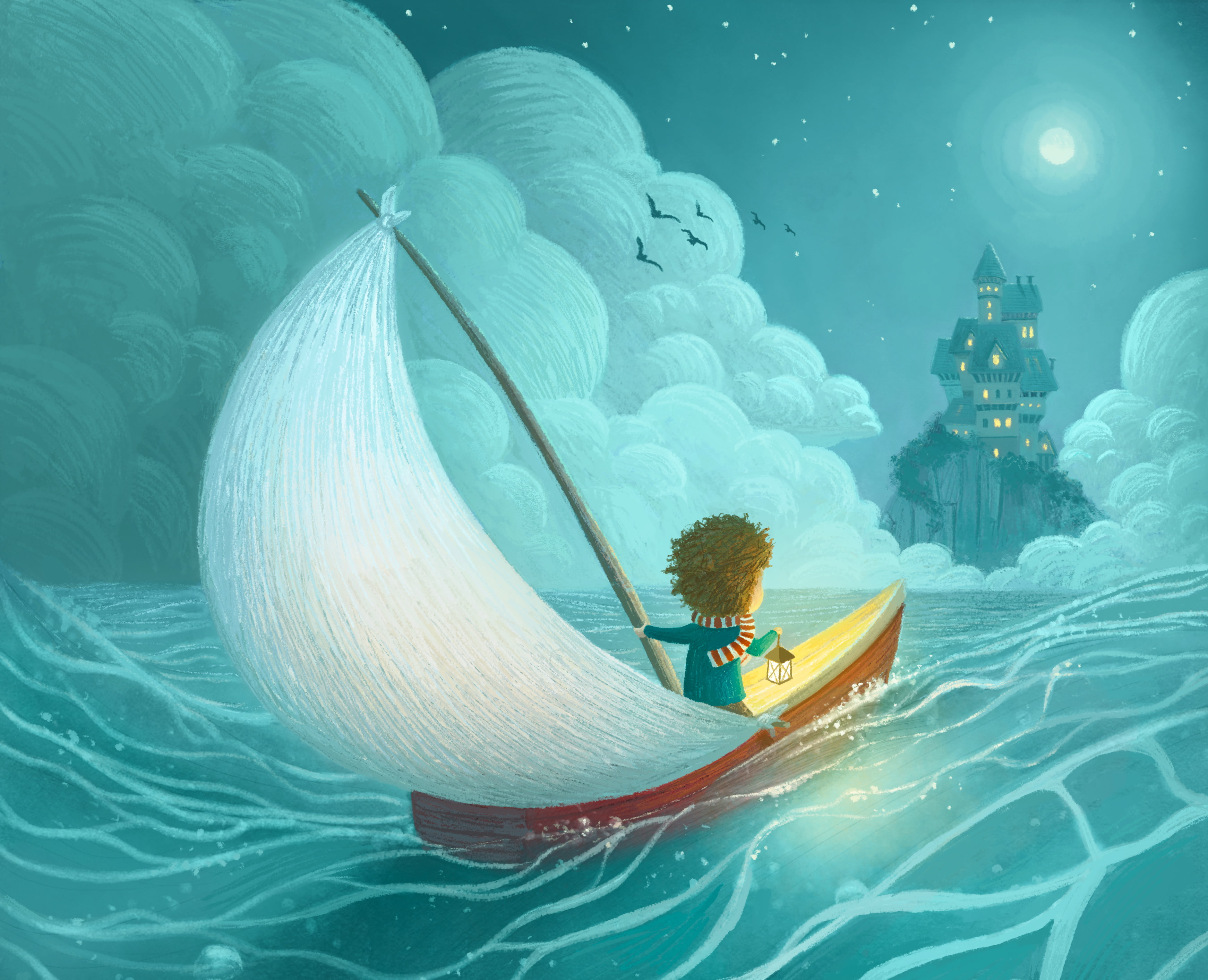 Moon, Kid, Illustration, Lantern, 4K, Adventure, Sailing, Digital Art, 2K, Drawing, Castle, HD Wallpaper