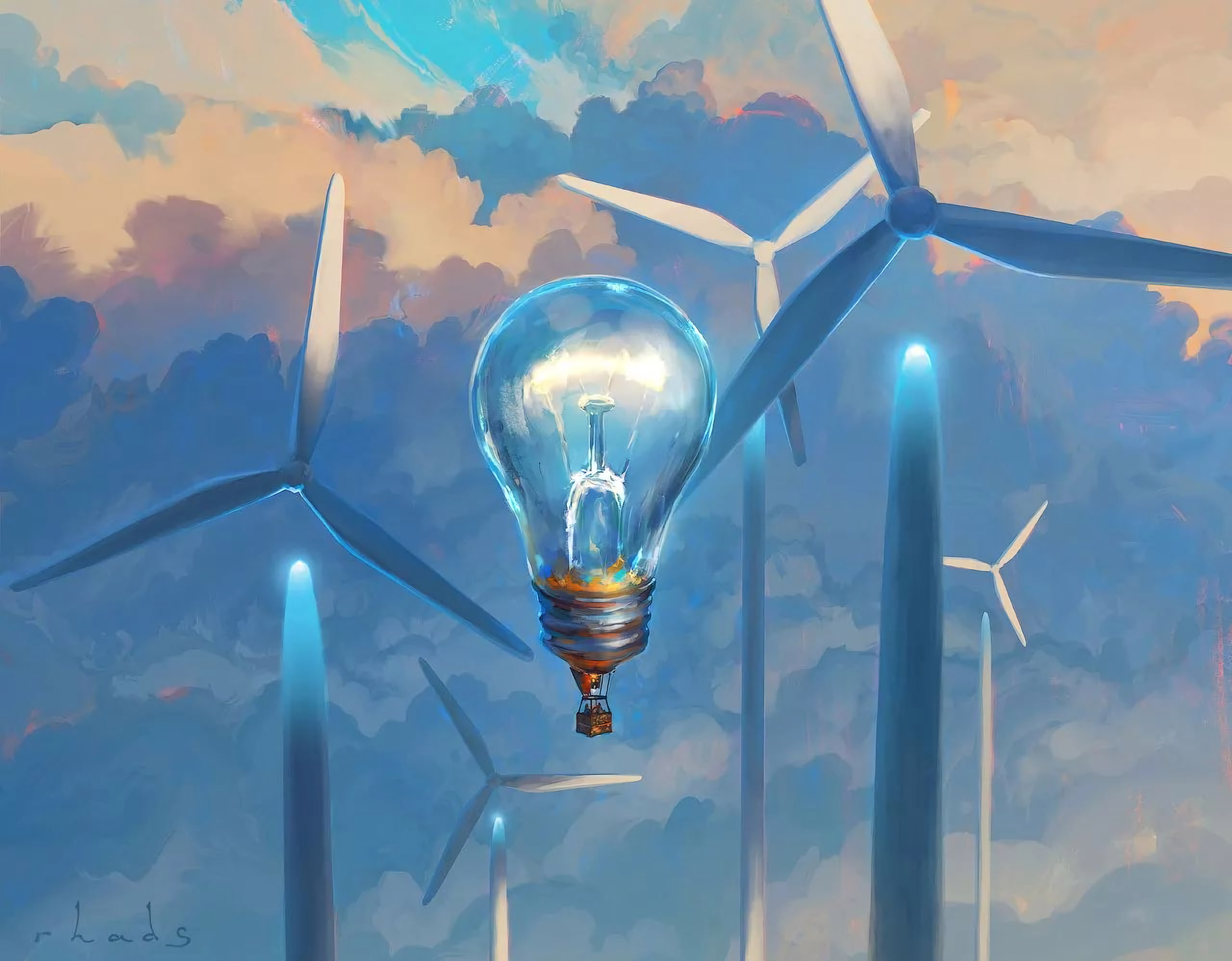 windmills, air balloon, light bulb, 2K, aerostat, surrealism, HD Wallpaper