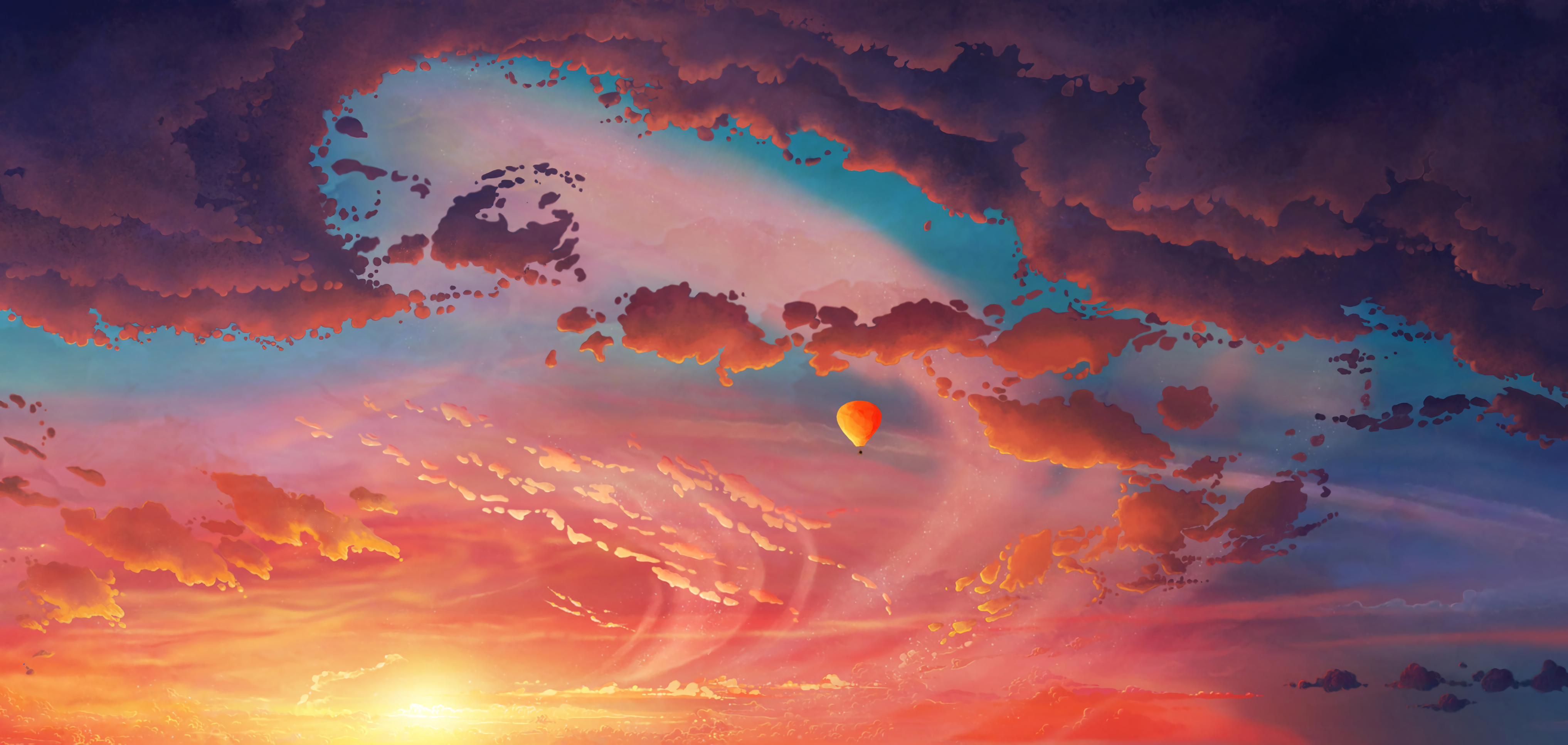 cloudscape, beauty in nature, clouds, tranquility, flight, air balloon, art, tranquil scene, sun, no people, space, idyllic, sunset, romantic sky, environment, HD Wallpaper