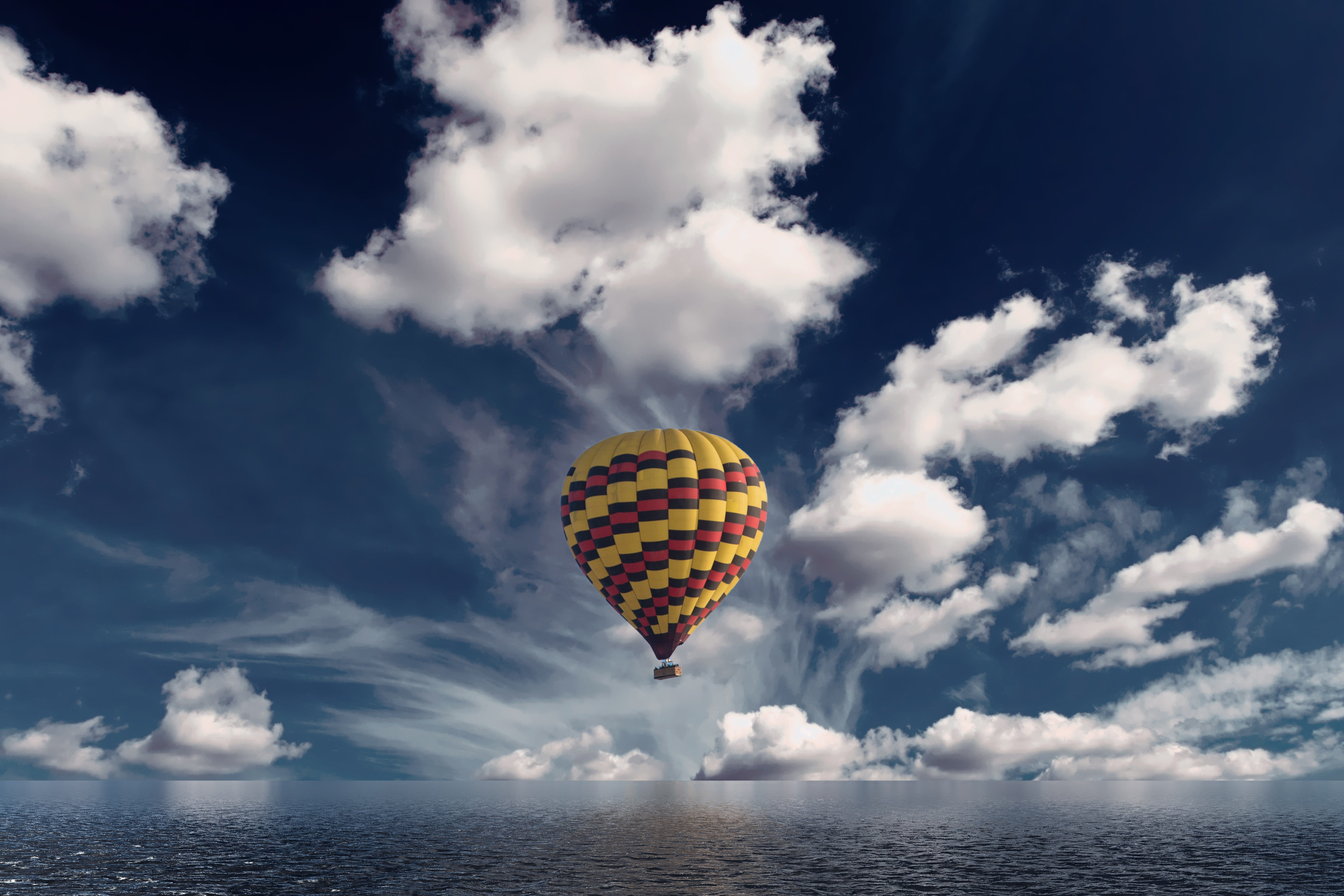 aerostat, horizon, clouds, sea, 5K, air balloon, HD Wallpaper