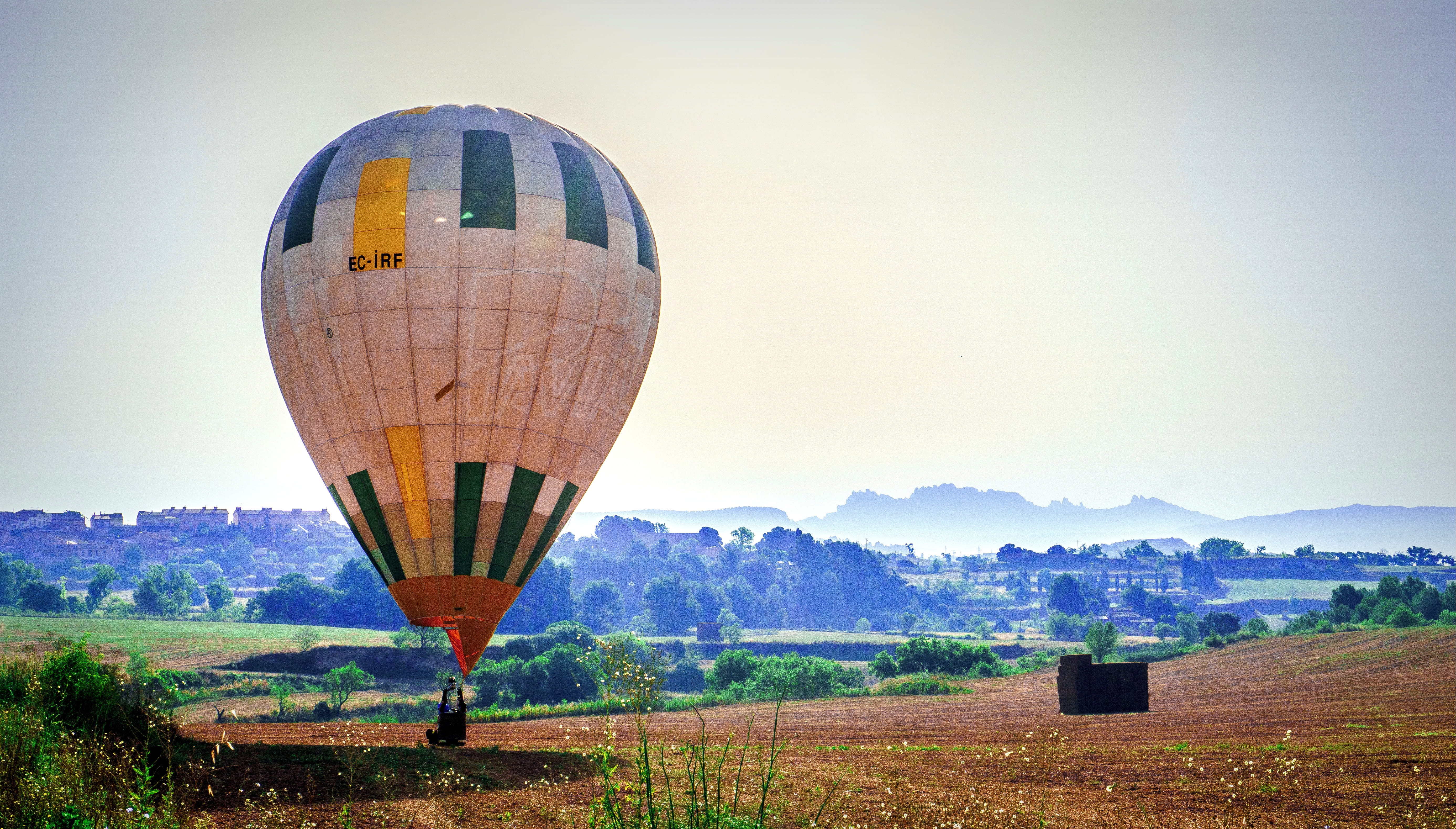 tranquility, beauty in nature, outdoors, tranquil scene, land, sky, floating, 5K, mid-air, fly, mountain, no people, day, field, transportation, air vehicle, HD Wallpaper