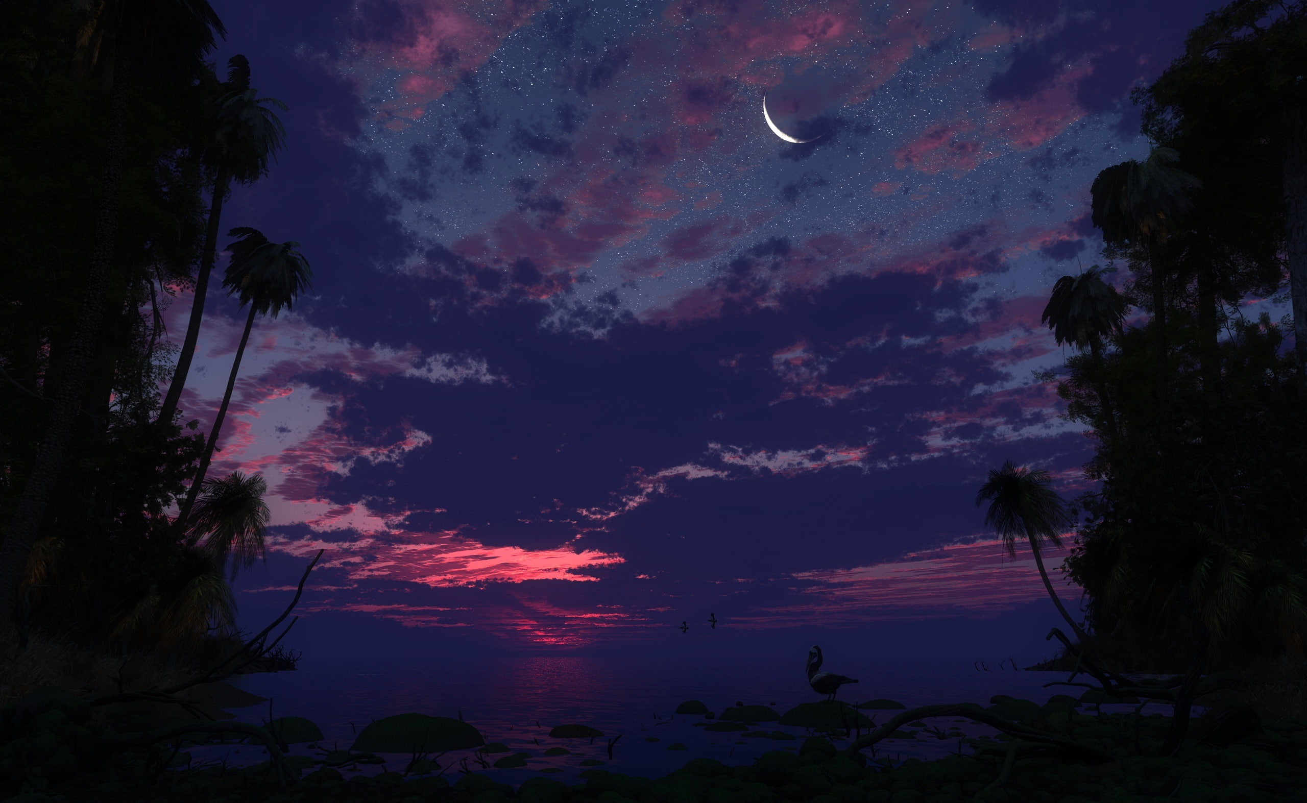 no people, waning, outdoors, Moon, space, sea, cloud - sky, tranquil scene, idyllic, 3D, nature, scenics - nature, tranquility, purple, dawn, night, tree, HD Wallpaper