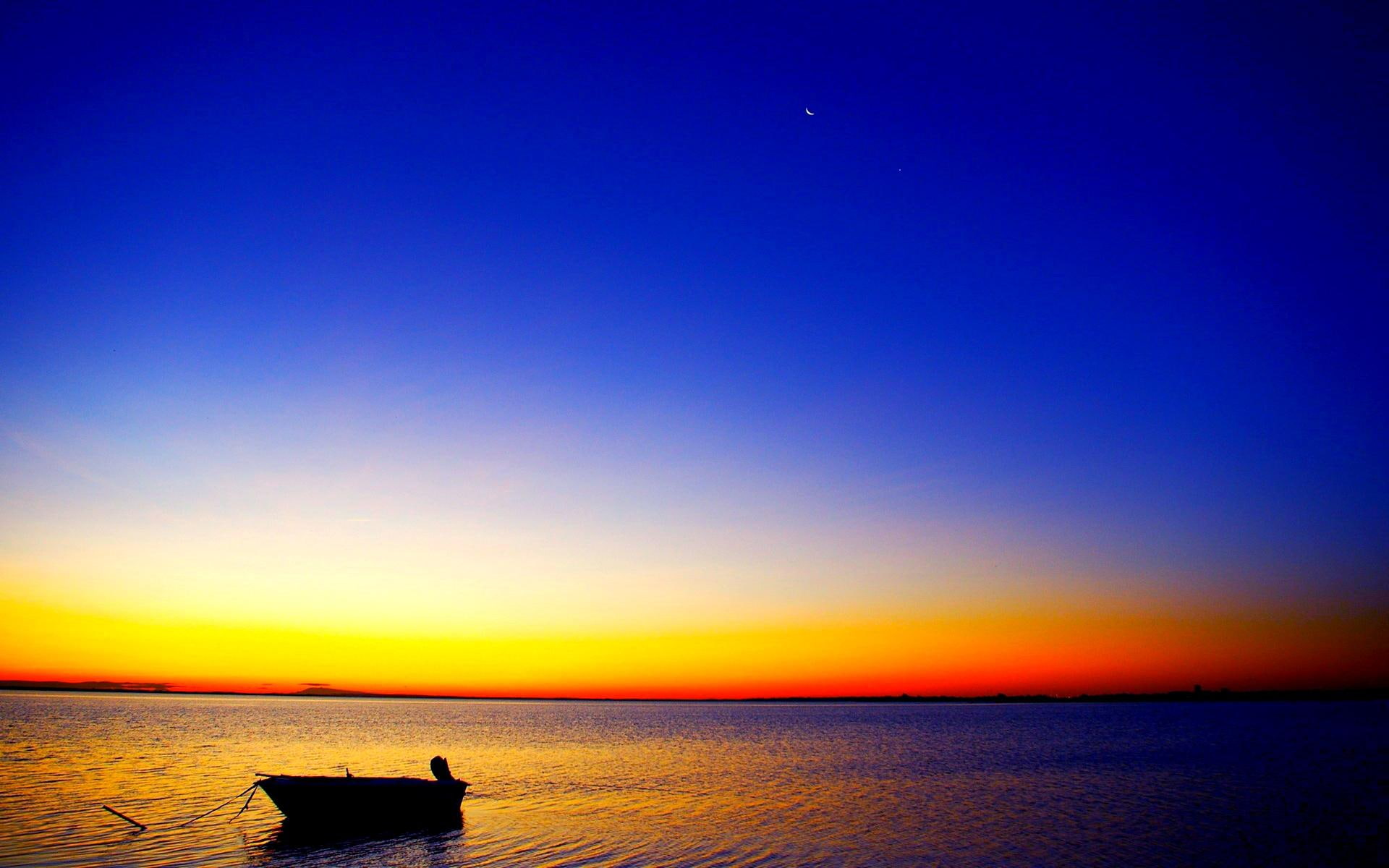 silhouette, fishing, sunset, crescent, moon, 1080P, golden, boat, 3d and abstract, lonely, HD Wallpaper