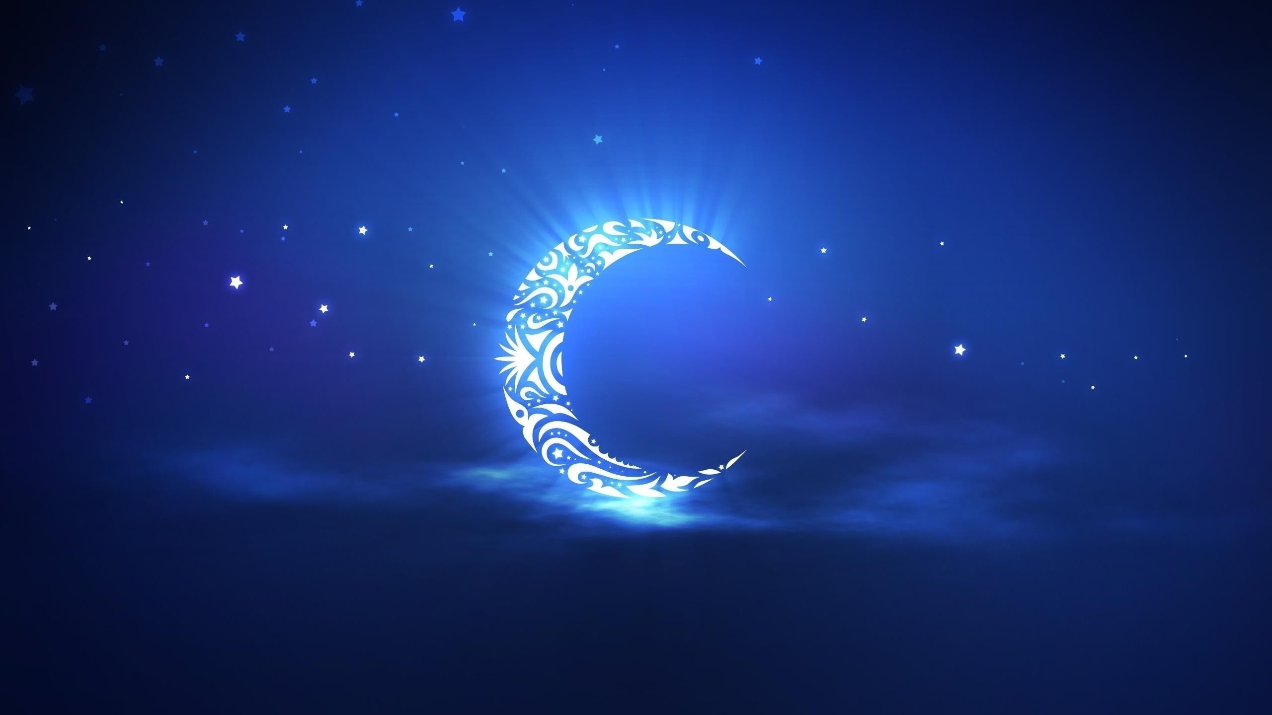 blue, Moon, artwork, night, minimalism, stars, crescent moon, 2K, HD Wallpaper