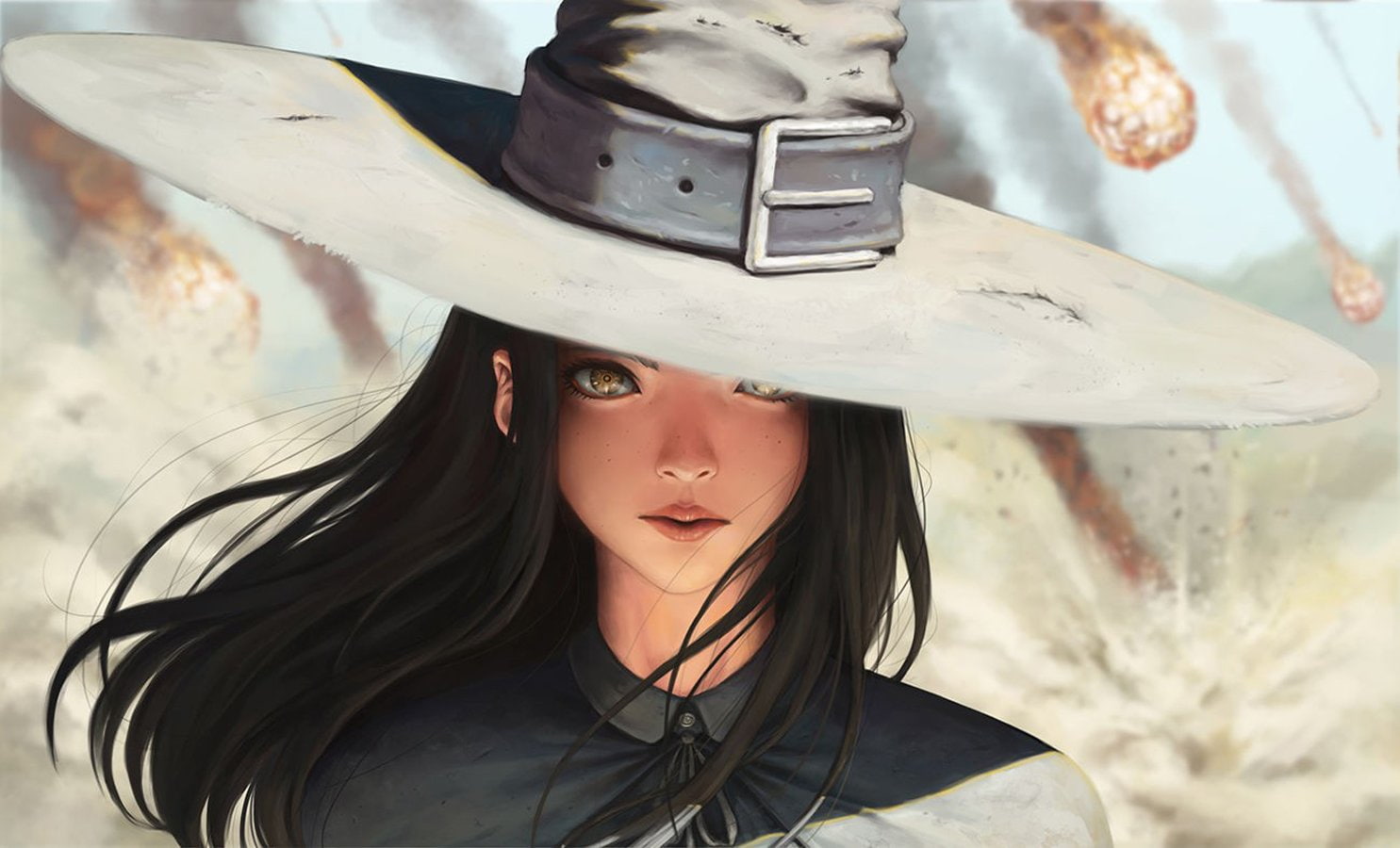 Characters, hat, black, eyes, Realistic, yellow, wind, Long, AT, hair, 720P, Viewer, meteors, Looking, original, Capelets, HD Wallpaper