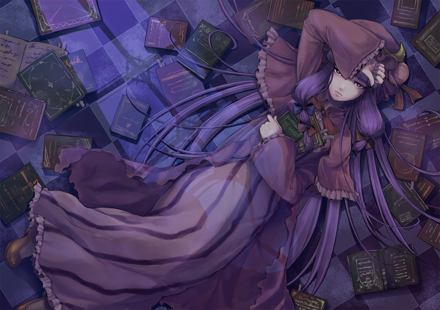 touhou, purple, checkered, girls, moon, lying, anime, bun, clothing, bows, floor, witches, heterochromia, 720P, games, knowledge, sparkles, books, capelets, HD Wallpaper
