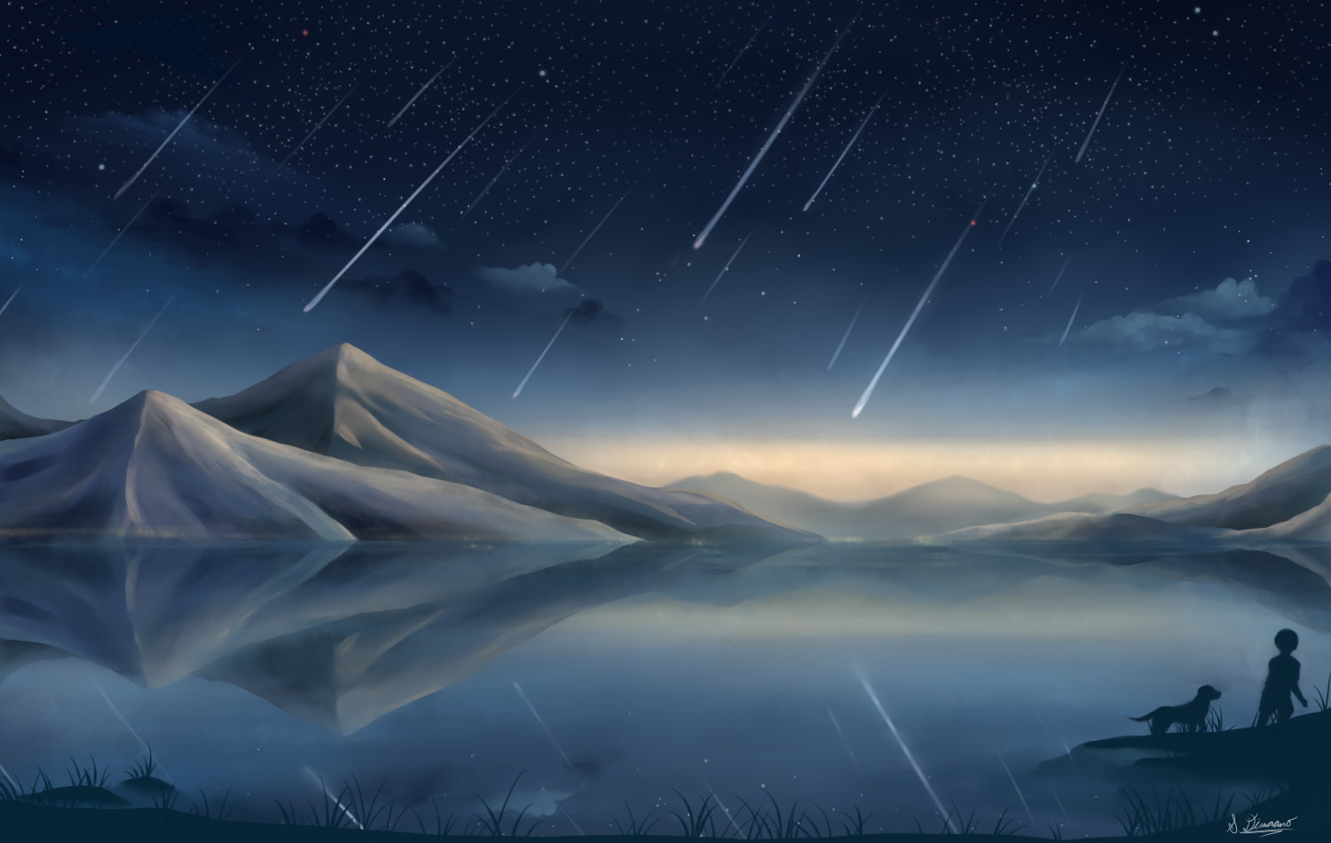 idyllic, astronomy, long exposure, meteors, artwork, dog, tranquility, concept art, snowcapped mountain, sky, no people, galaxy, night, mountain peak, nature, HD Wallpaper