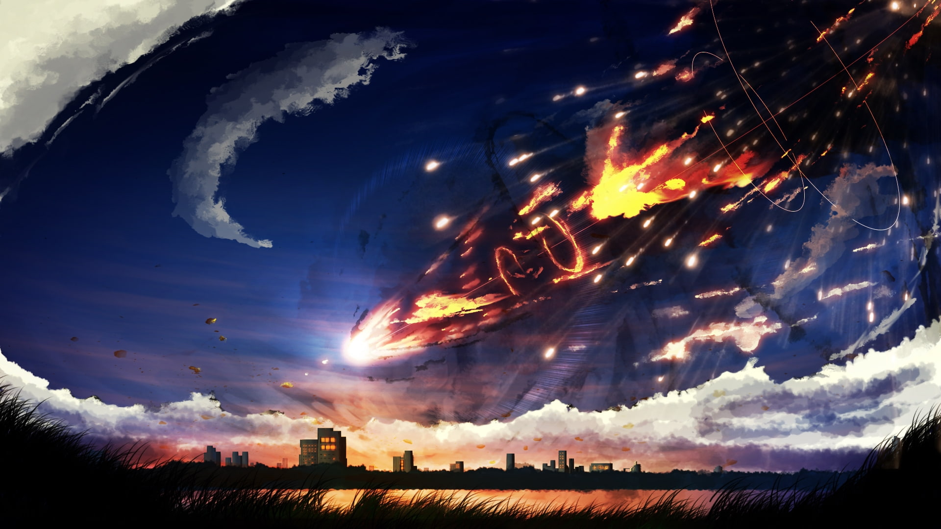 anime landscape, meteor, Anime, 1080P, buildings, sky, clouds, HD Wallpaper