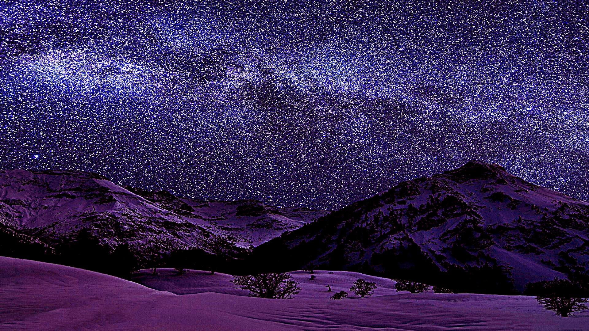 night, mountains, sky, 1080P, purple sky, stars, HD Wallpaper