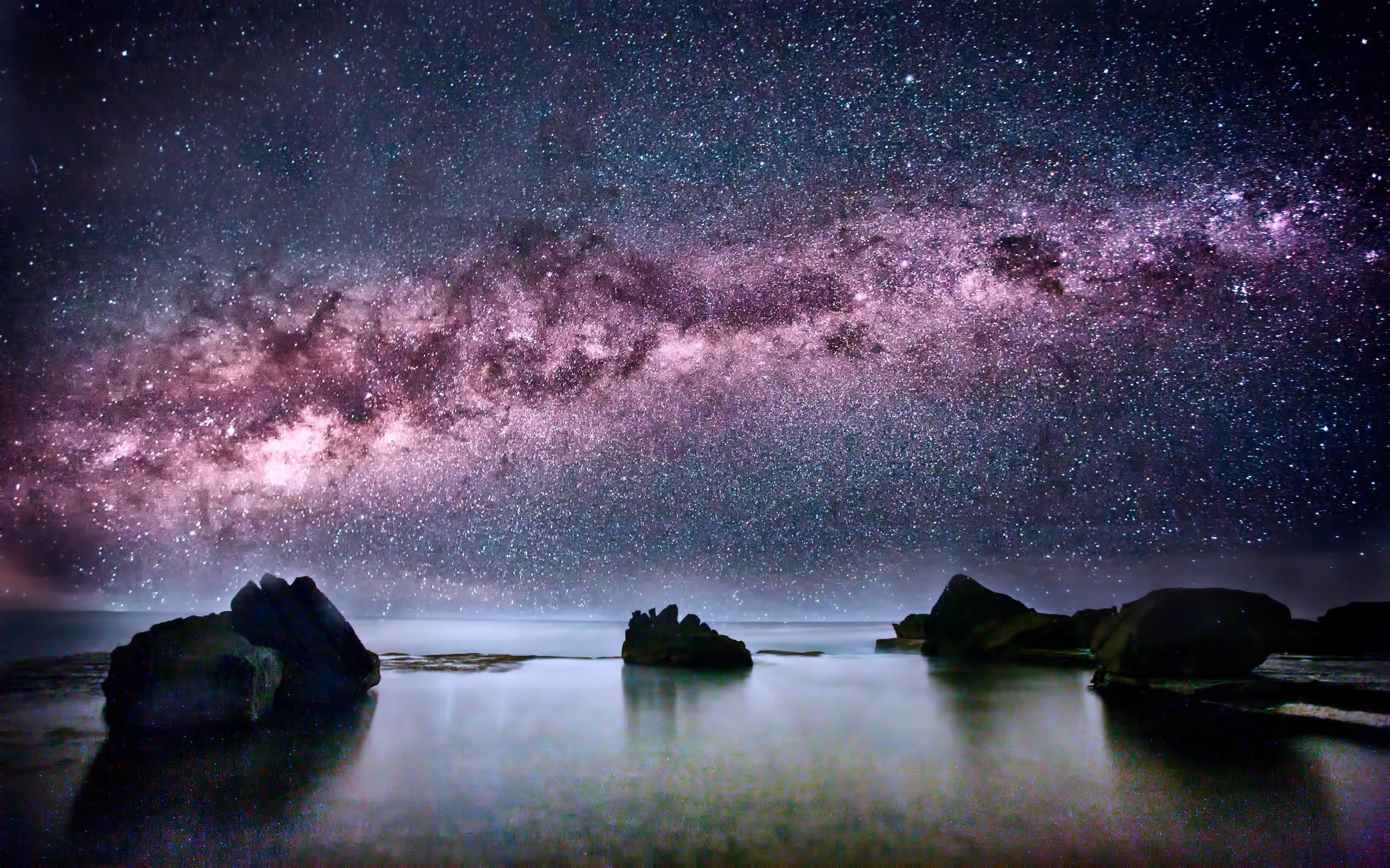water, 2K, night, tranquil scene, reflection, star - space, scenics - nature, star field, sea, tranquility, space, blue, astronomy, stars, beauty in nature, HD Wallpaper