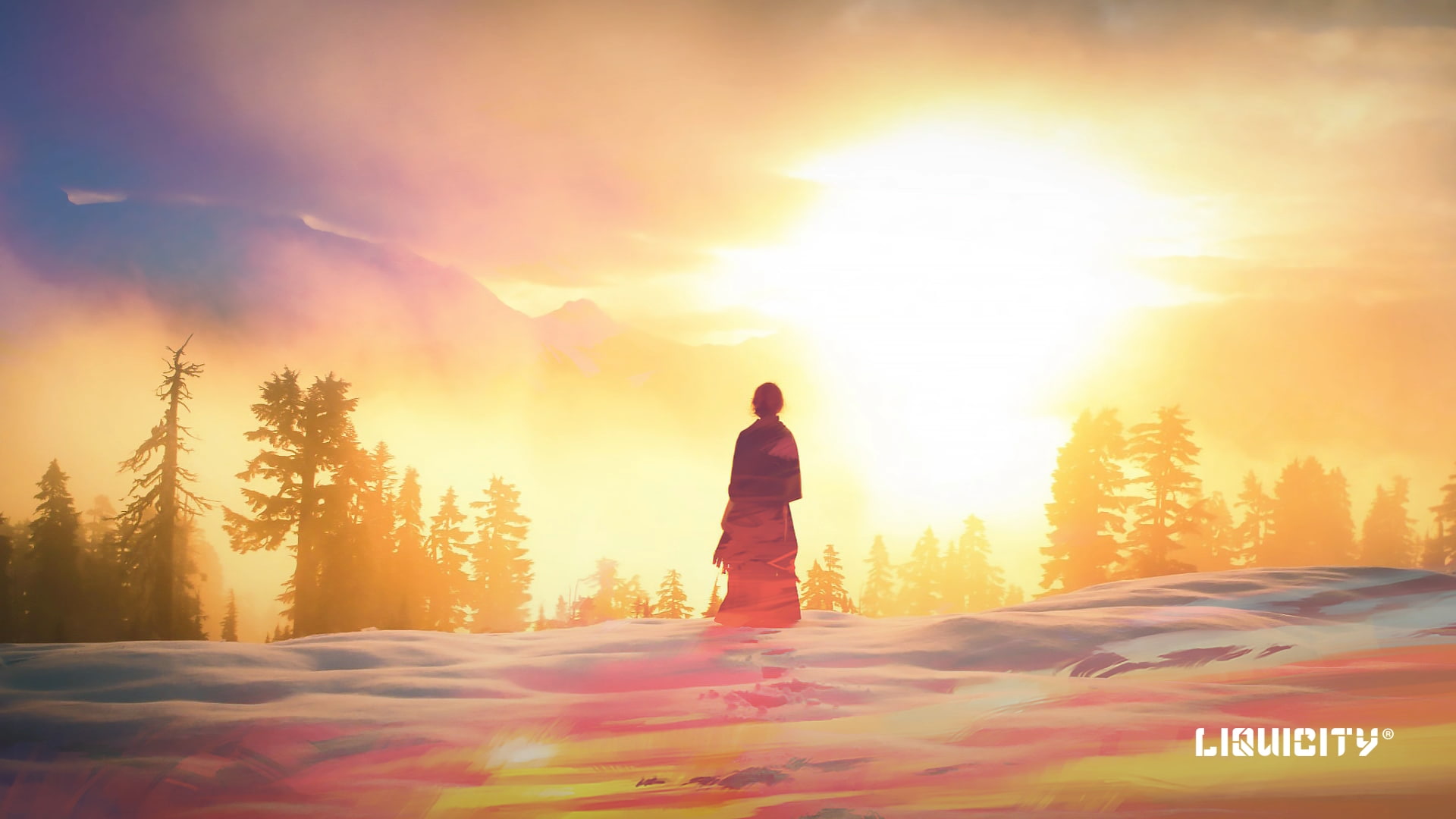 Elizabeth Gadd, beauty in nature, trees, mountains, sunlight, winter, sunset, Liquicity, one person, scenics - nature, 1080P, sky, standing, real people, HD Wallpaper
