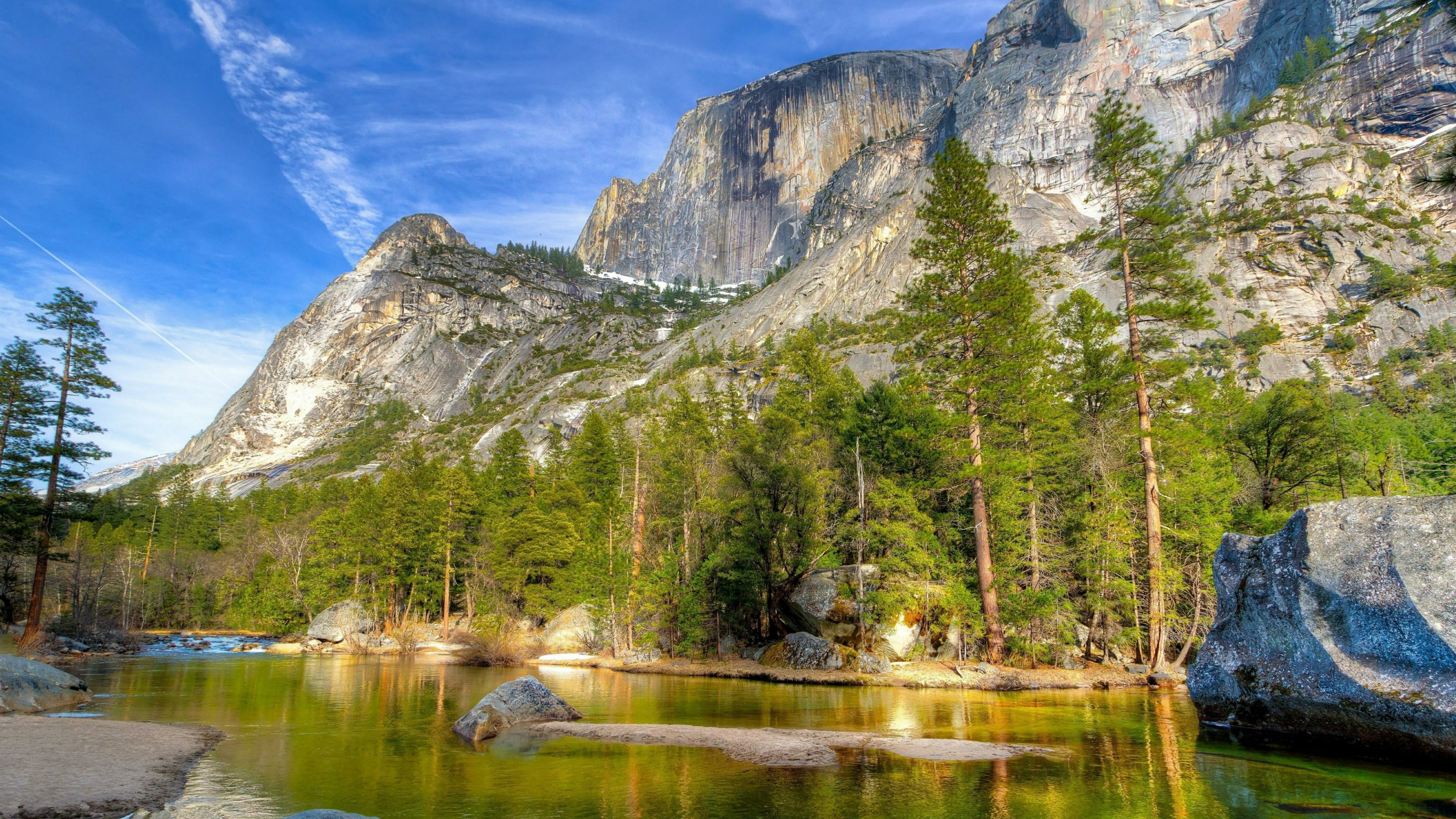 yosemite national park, no people, mountain, sky, united states, mirror lake, solid, scenics - nature, water, tenaya creek, rock formation, formation, plant, HD Wallpaper