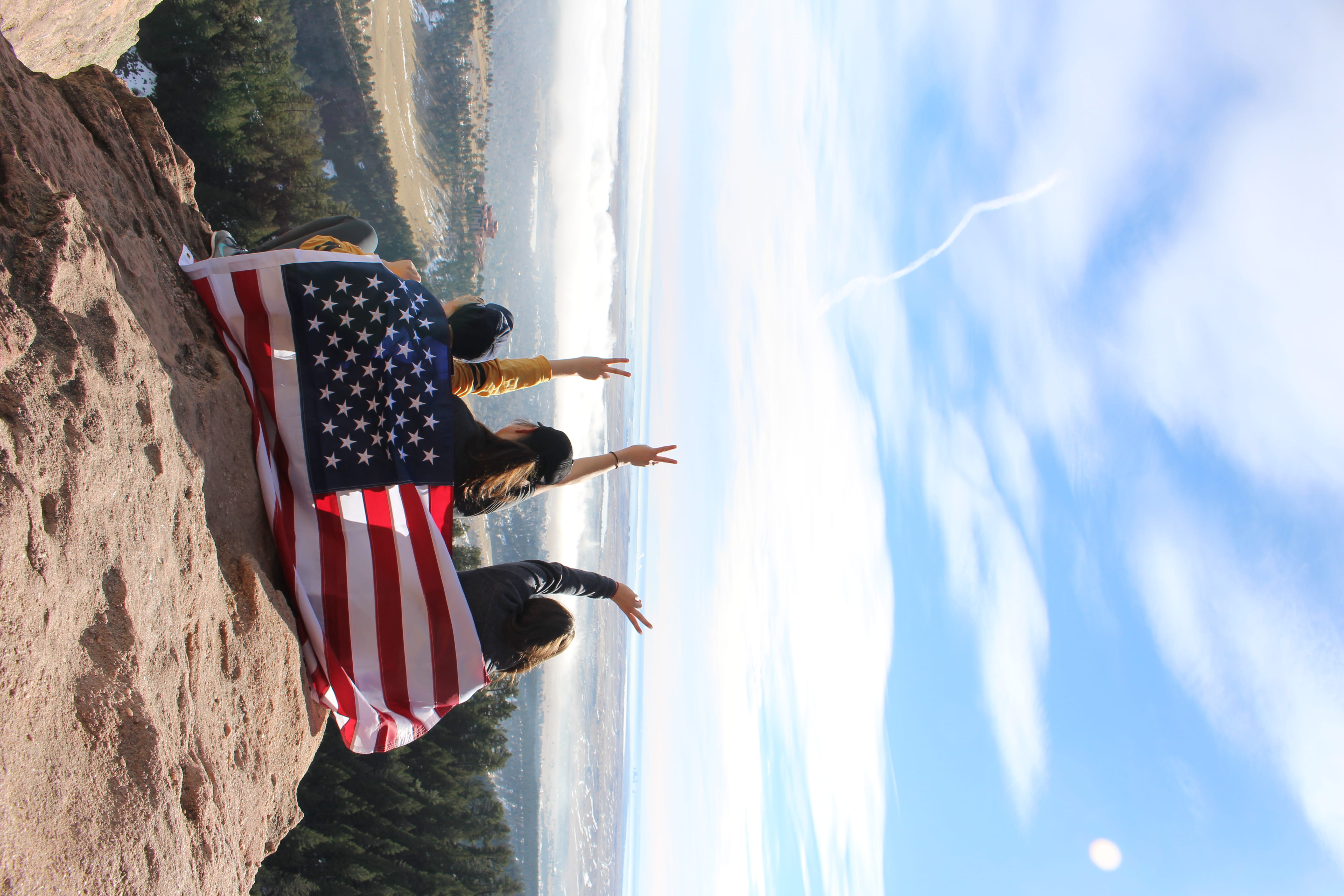 rock, sky, united states, sun, patriotism, sea, 5K, mountain, water, royal arch, american flag, boulder, trees, leisure activity, tranquility, tranquil scene, HD Wallpaper