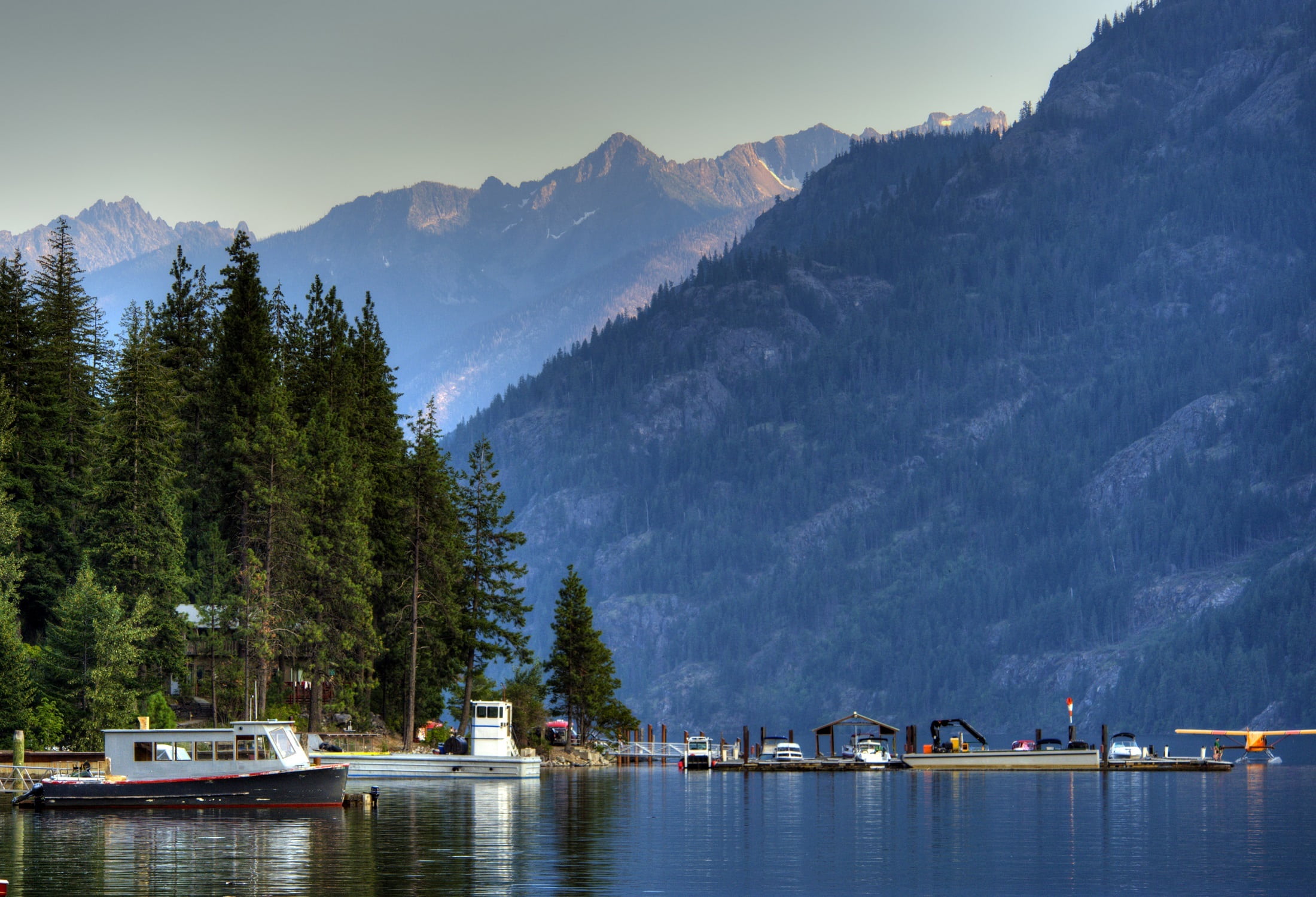 mountain, float plane, rugged, nautical Vessel, transportation, northwest, near, remote, european Alps, outdoors, waterfront, lake chelan, scenic, landscape, HD Wallpaper