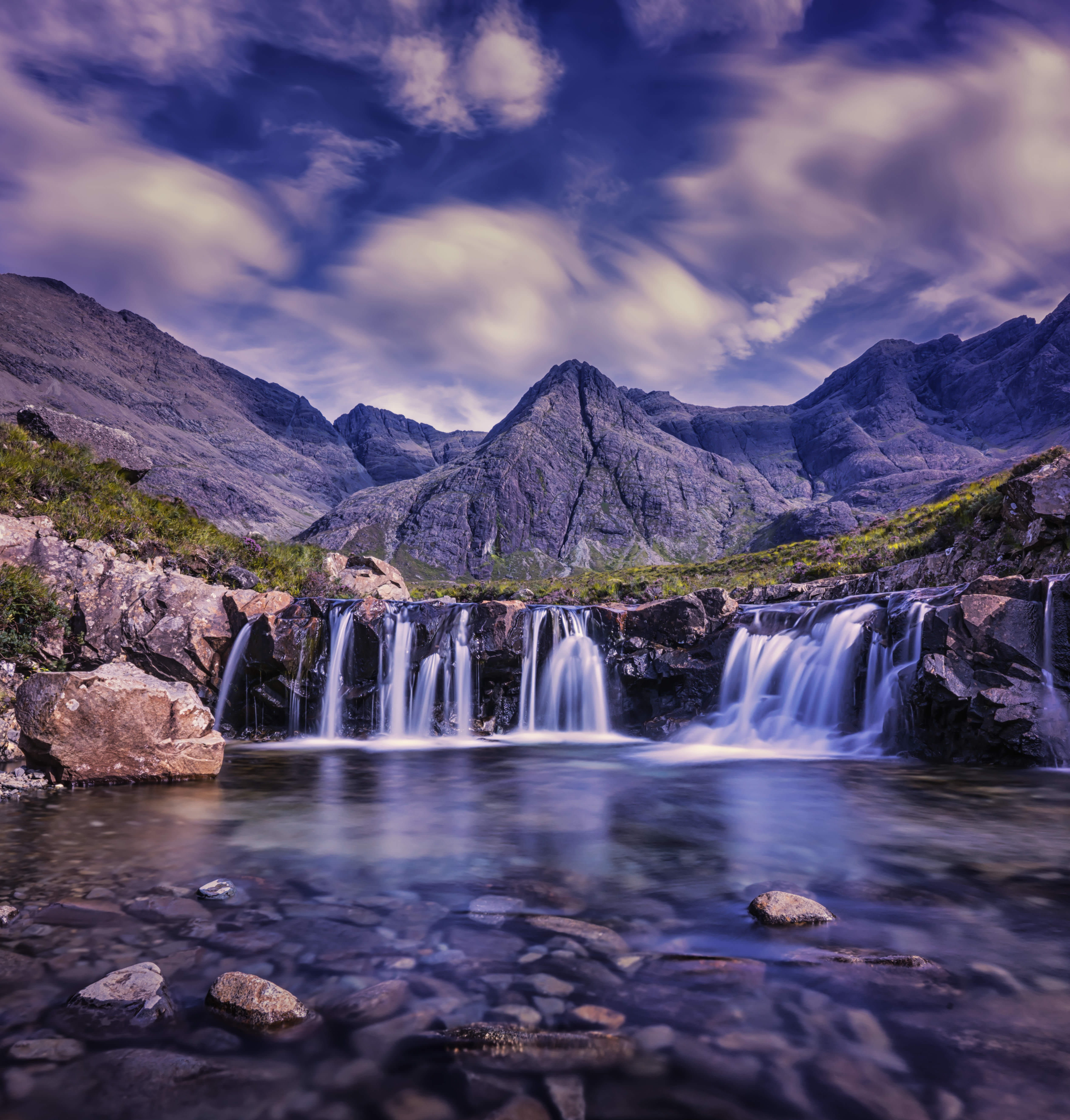 wilderness, mountain range, mountains, rock, cloudy, waterfall, outdoors, waterfront, scenic, non-urban scene, rocks, flowing water, mountain, power in nature, Phone HD Wallpaper
