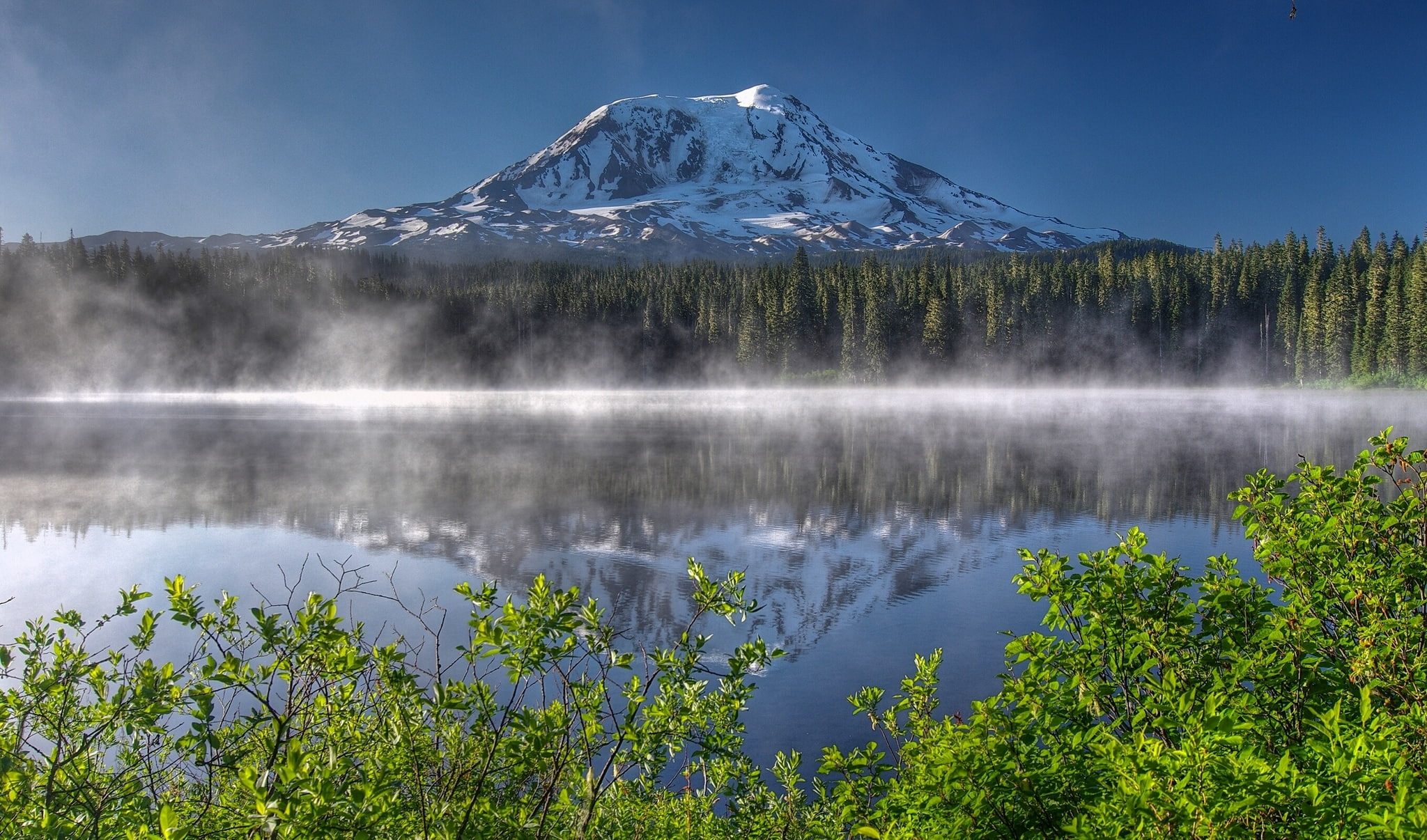 the volcano, forest, 1080P, Mount Adams, mountain, Takhlakh Lake, Washington, Cascade Range, reflection, lake, The cascade mountains, the bushes, morning, HD Wallpaper