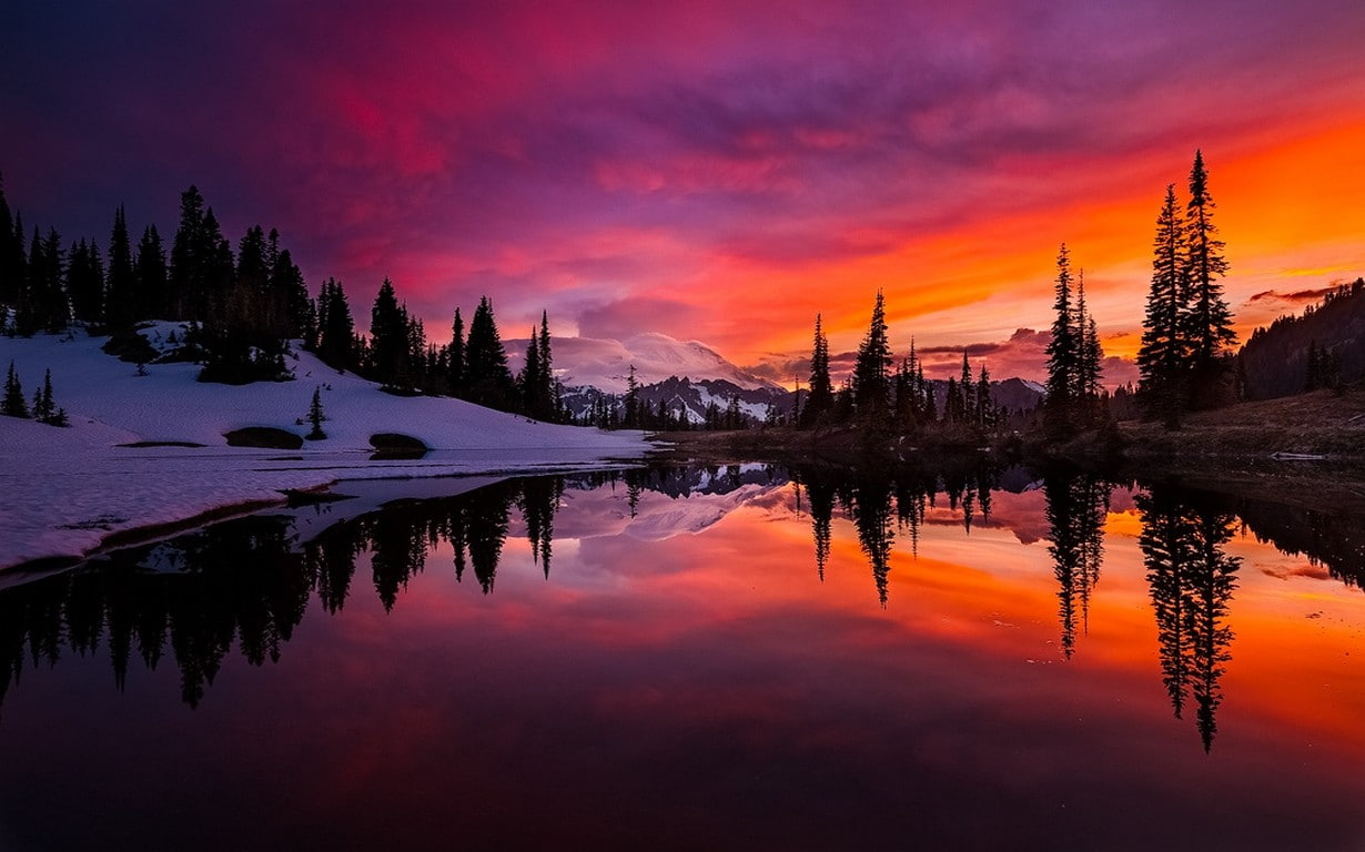 lake, nature, trees, sunset, landscape, water, reflection, colorful, 480P, clouds, sky, mountains, forest, snow, Washington state, HD Wallpaper