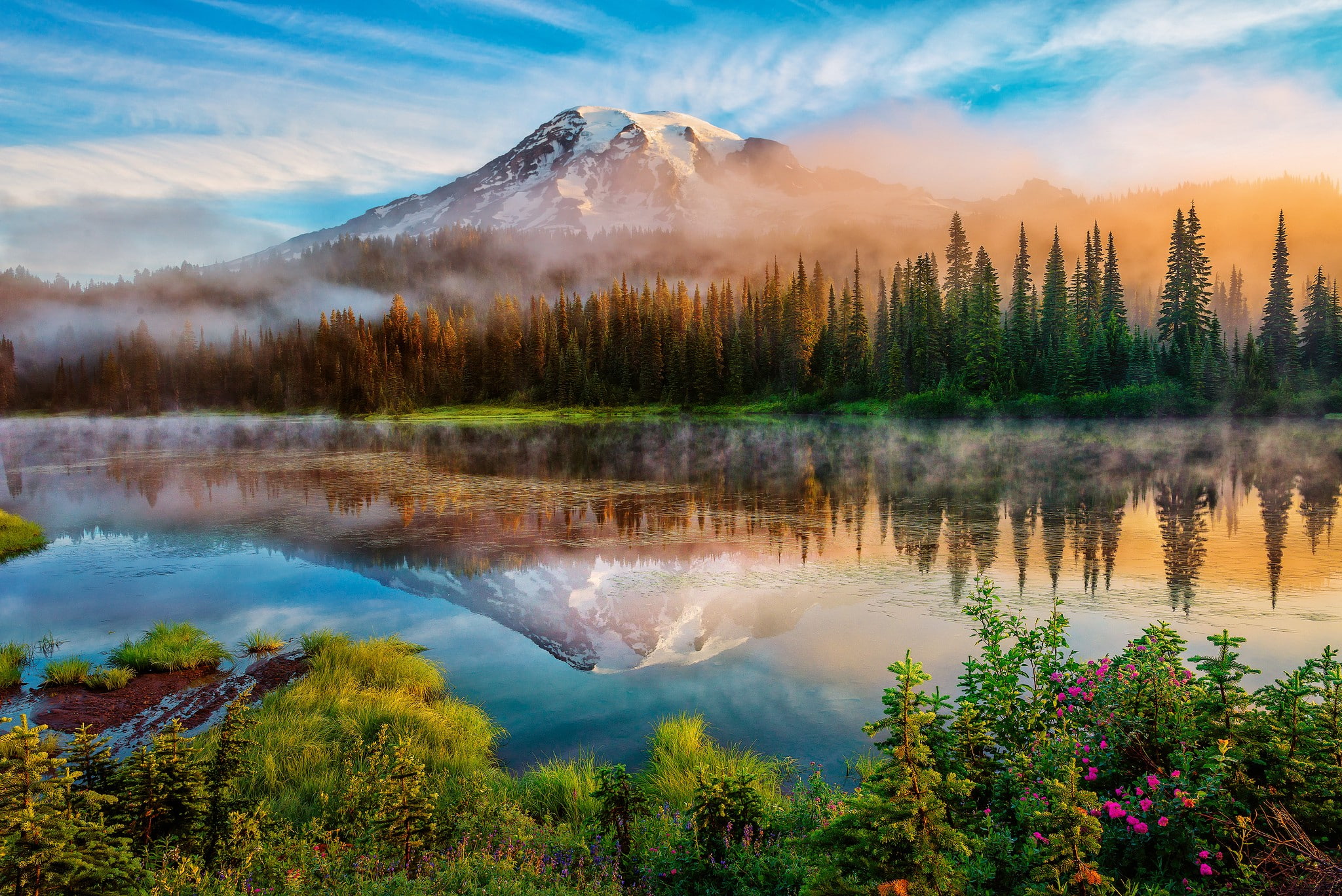 1080P, USA, lake, nature, plants, trees, forest, Washington state, clouds, reflection, mist, mountains, snow, landscape, HD Wallpaper
