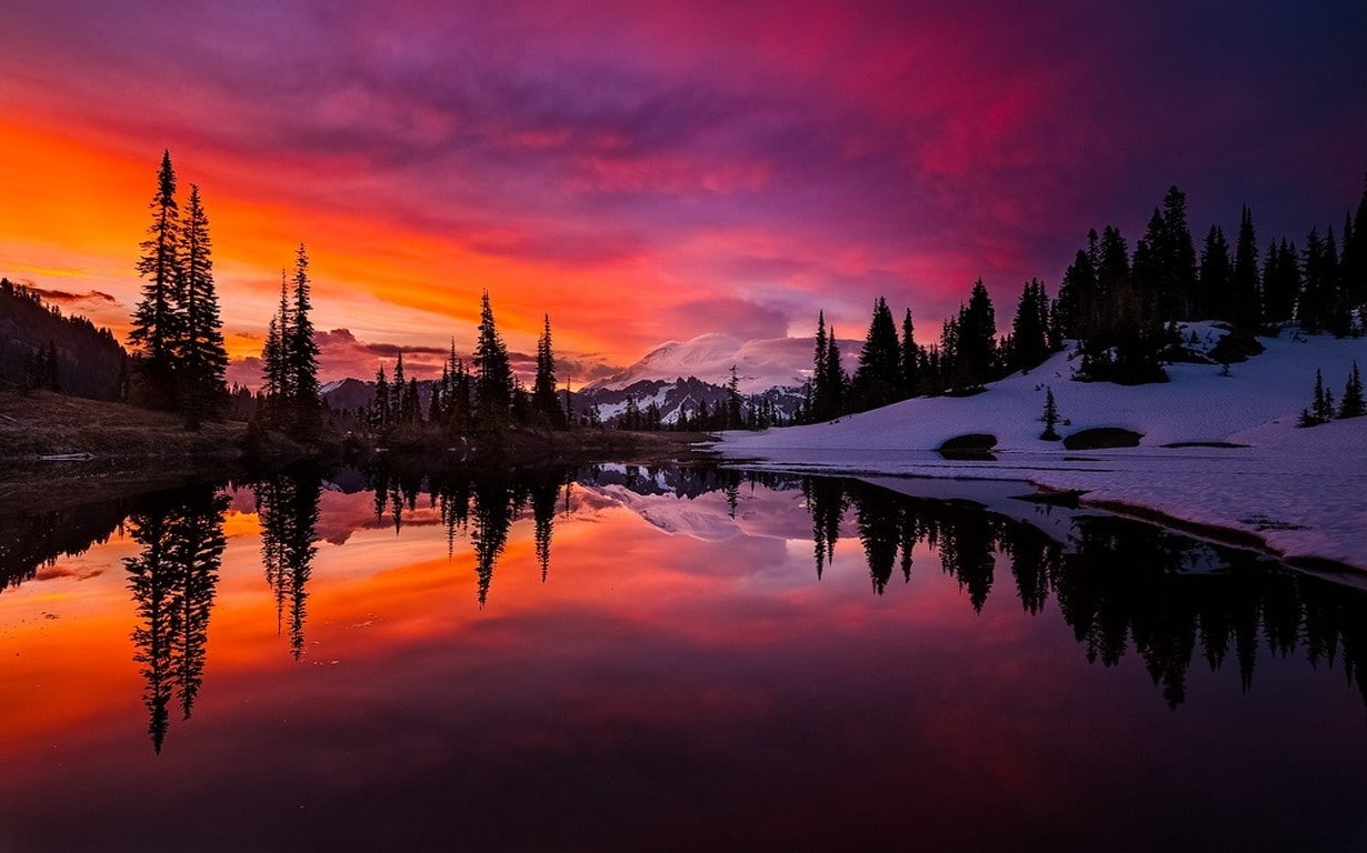 nature, tranquility, 480P, tranquil scene, sunset, reflection lake, idyllic, lake, reflection, beauty in nature, dramatic sky, water, sky, cloud - sky, HD Wallpaper