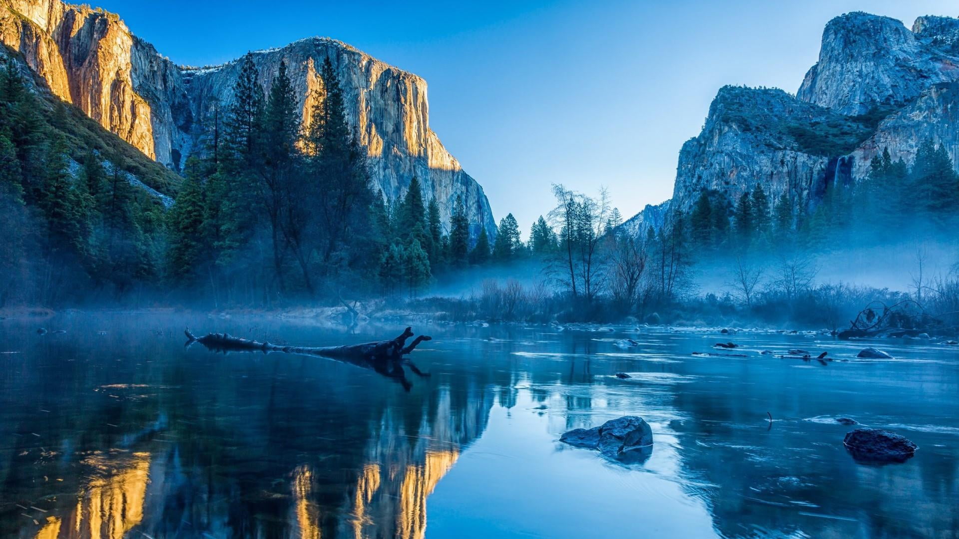 mountain, environment, 1080P, water, mount scenery, rock - object, tranquil scene, sky, el capitan, yosemite national park, blue, glacial lake, non-urban scene, HD Wallpaper