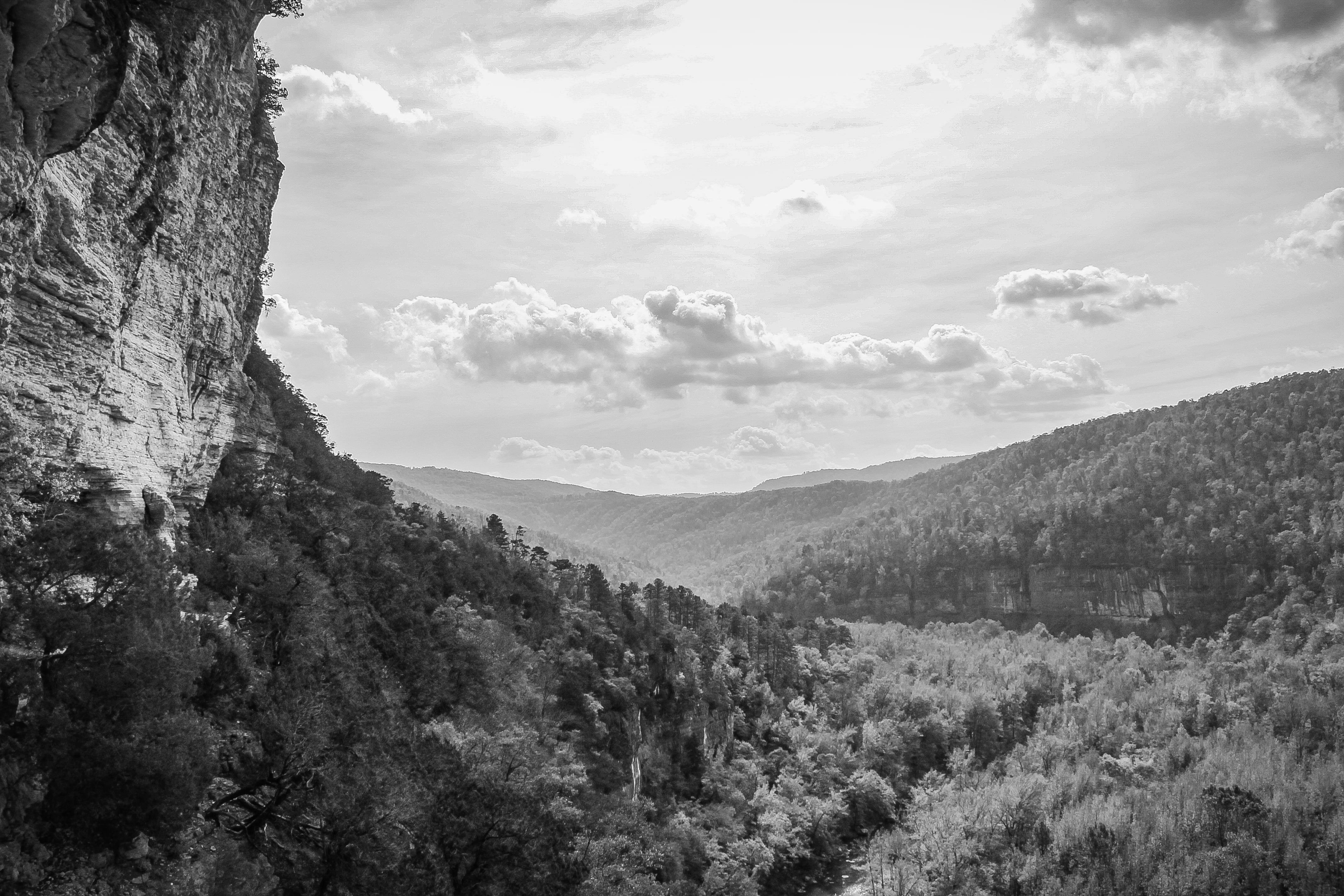 land, sky, black and white, forest, buffalo national river, plant, tranquil scene, tranquility, bandw, idyllic, 4K, mountain range, landscape, clouds, HD Wallpaper