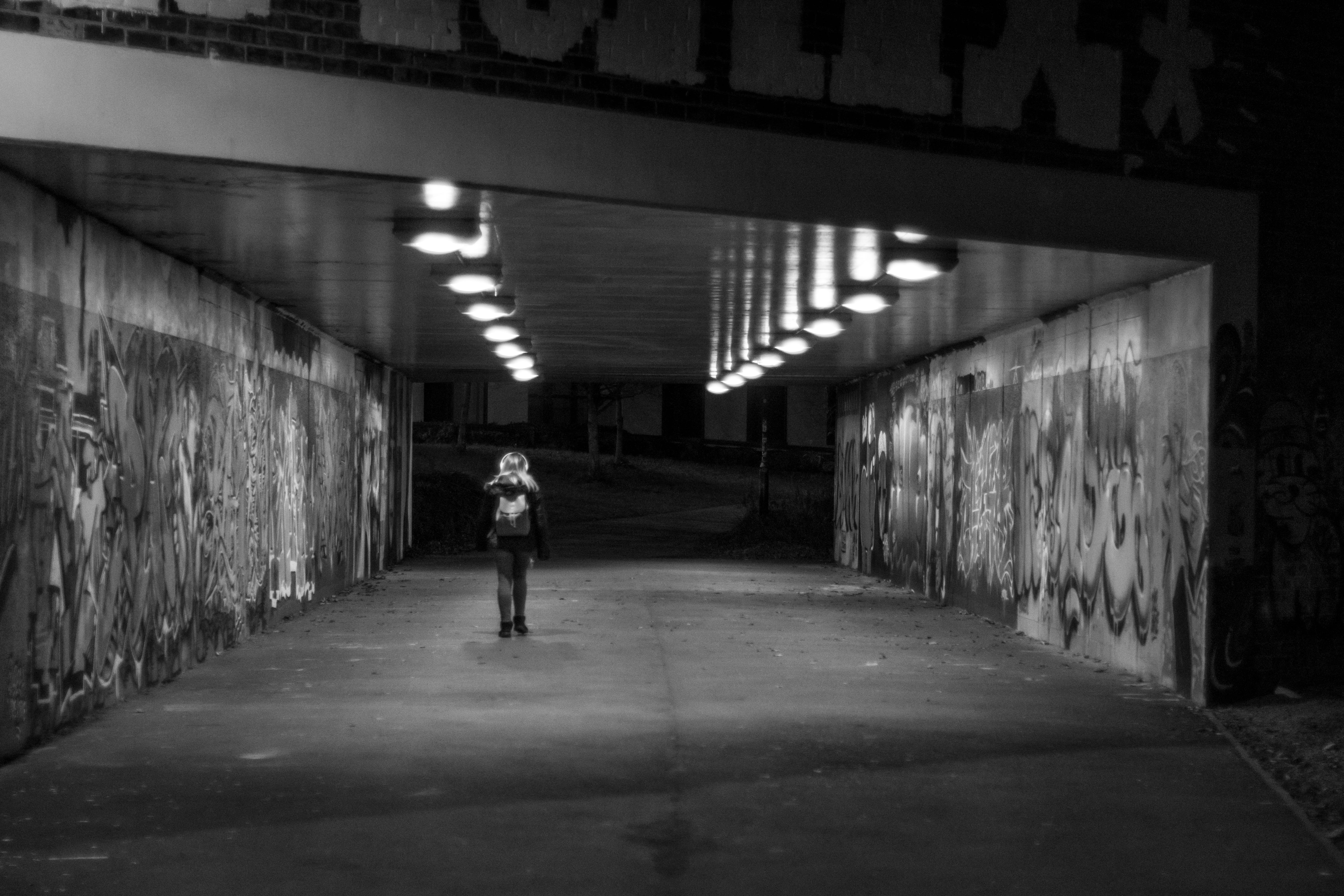 the way forward, direction, night, adult, full length, one person, teenager, indoors, architecture, 5K, tunnel, black and white, graffiti, walk, subway, HD Wallpaper