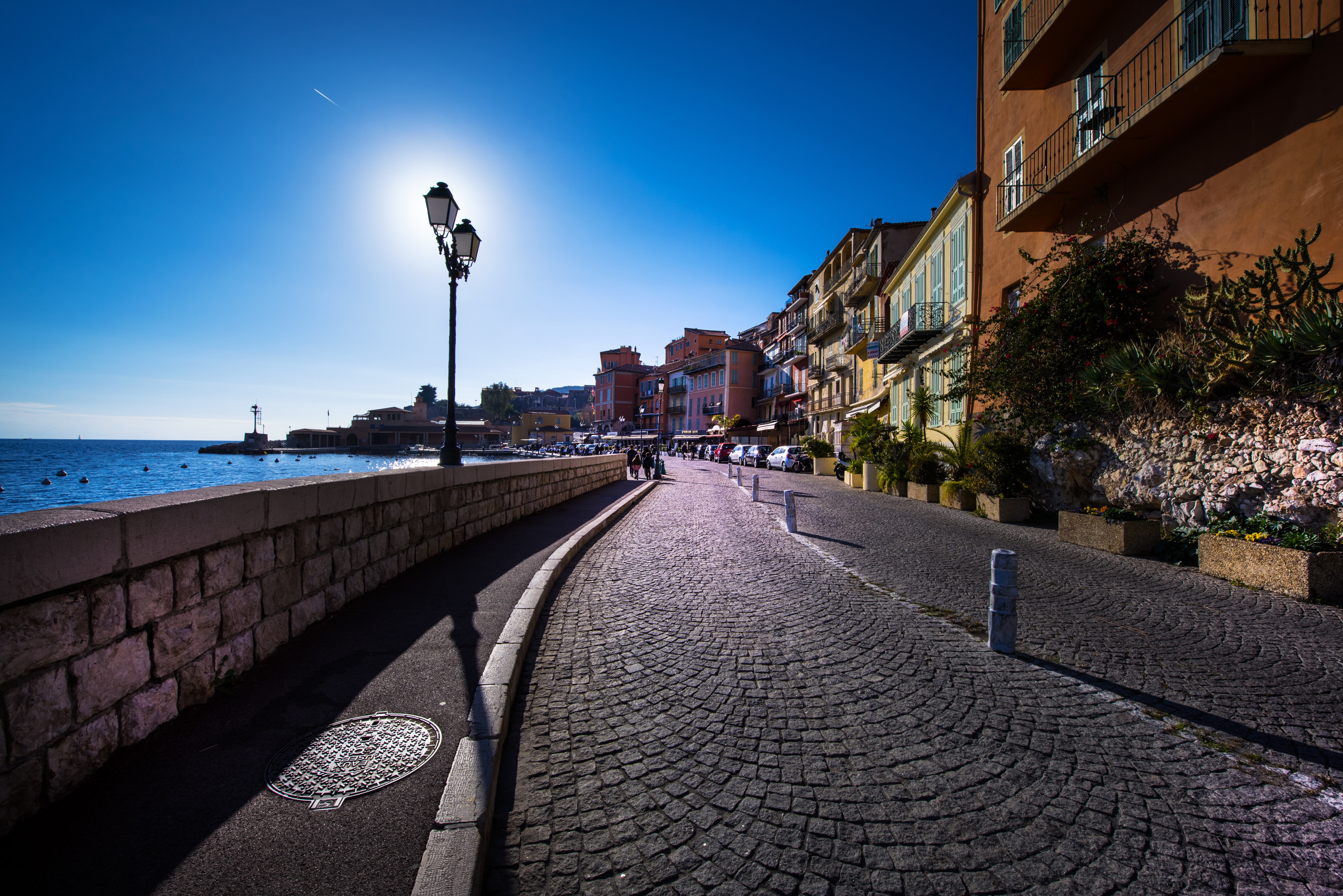 Provence, street, home, coast, horizon, Cote dazur, the sun, landscape, The Mediterranean sea, sea, France, the sky, Villefranche sur Mer, lights, Villefranche-sur-Mer, HD Wallpaper