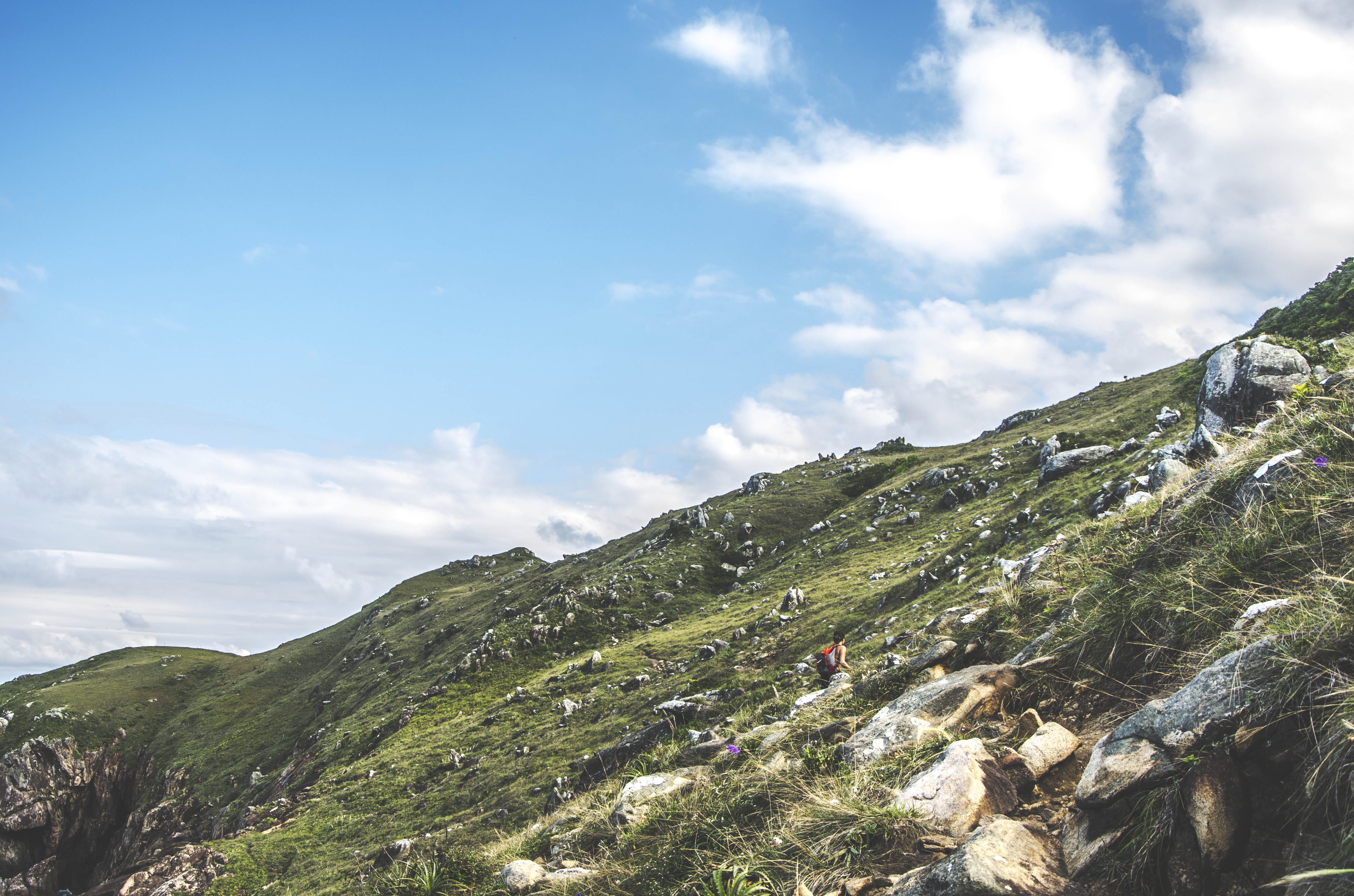 hiker, remote, grass, climbing, rock, cloudy, outdoor, outdoors, person, idyllic, tranquil scene, environment, hike, landscape, no people, day, mountain peak, HD Wallpaper