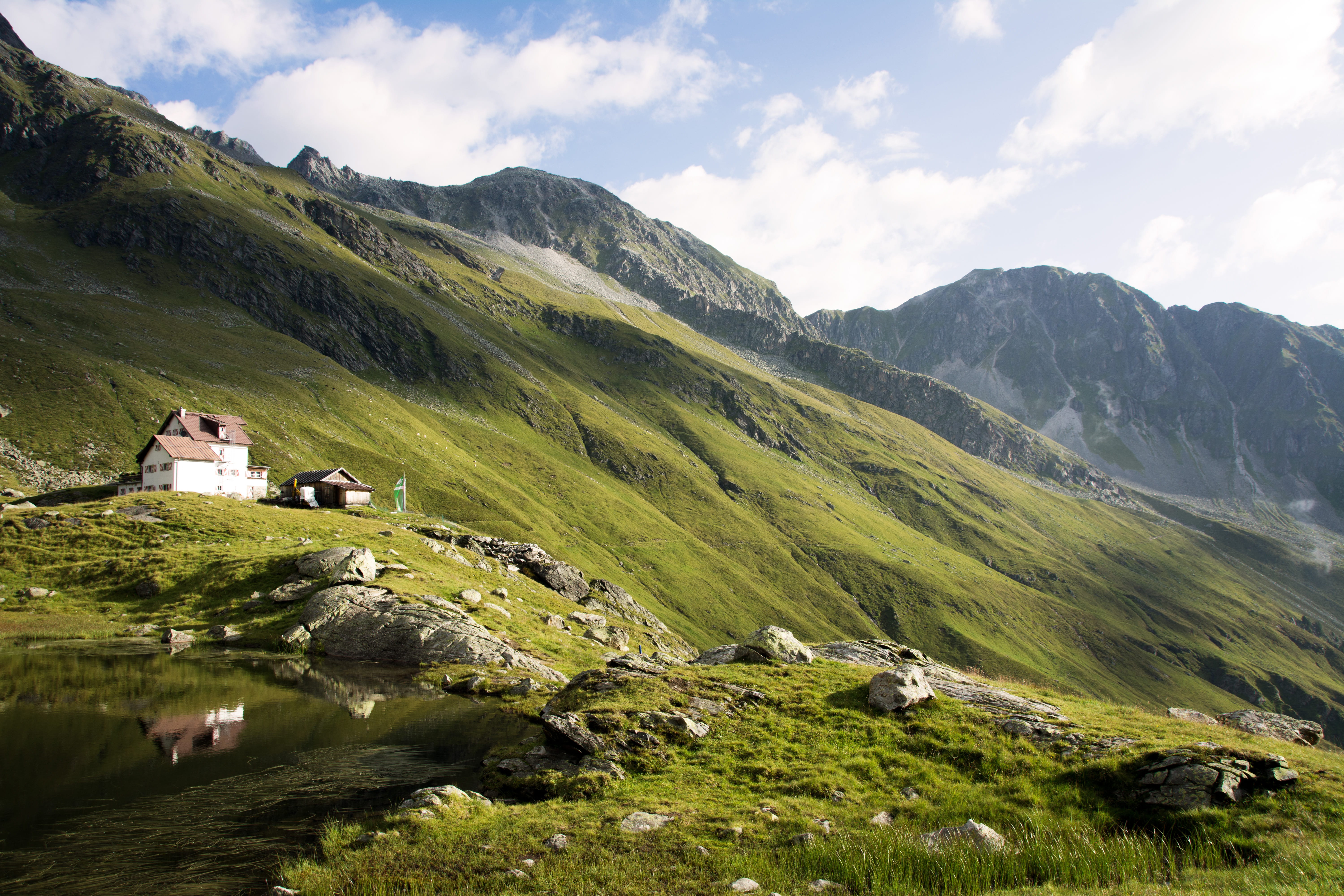 lodge, beauty in nature, built structure, boulder, pasture, plant, photography, daytime, tranquility, day, tranquil scene, white, environment, no people, HD Wallpaper