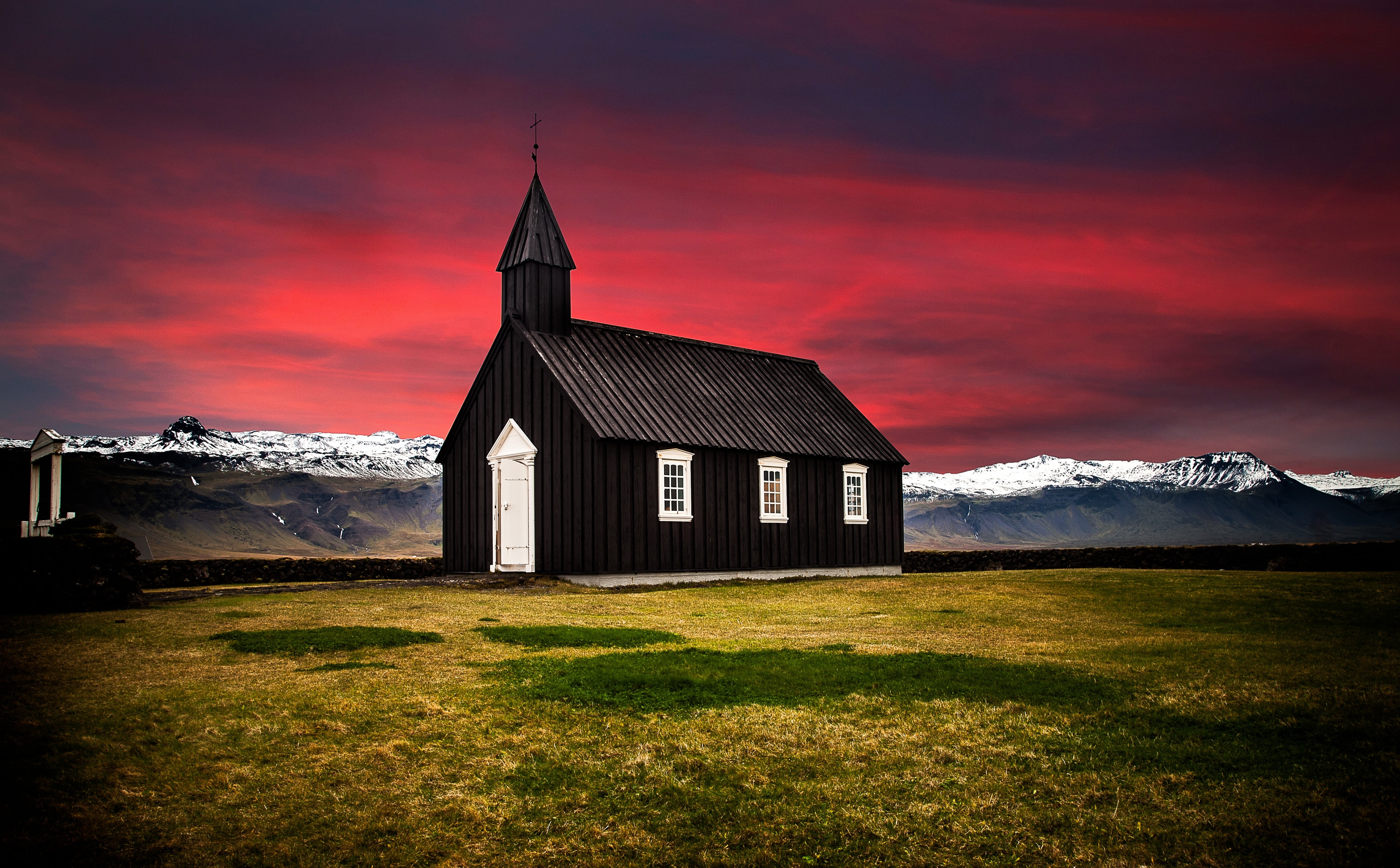 Budir, Landscape, spire, outdoors, cloud - sky, place of worship, snowcapped mountain, black, mountain, Faith, myrasysla, Europe, built structure, redsky, HD Wallpaper
