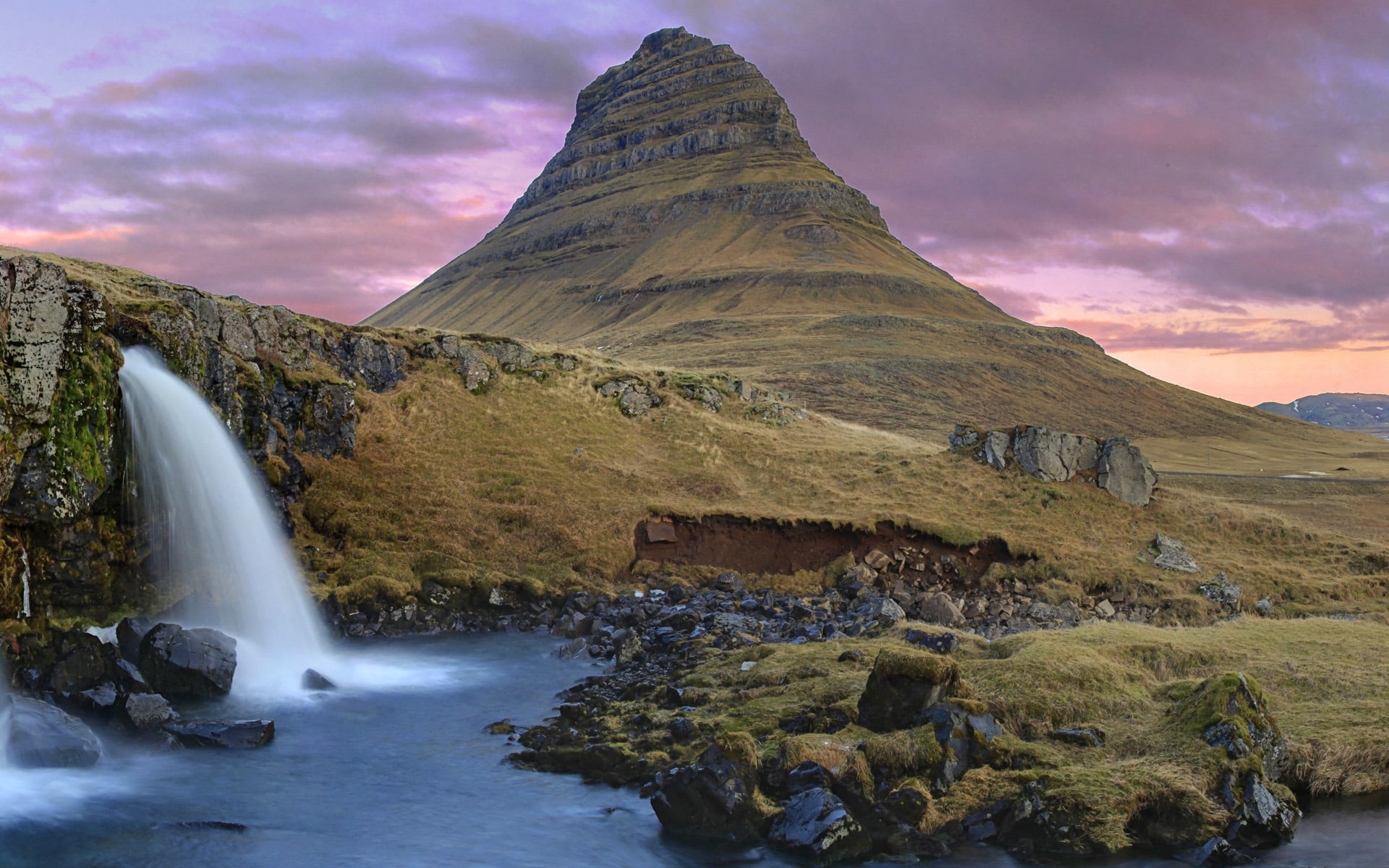 waterfall, nature, land, rock, water, mountain, windows, snaefellsnes, flowing, sunset, tranquil scene, flowing water, beauty in nature, sky, tranquility, HD Wallpaper