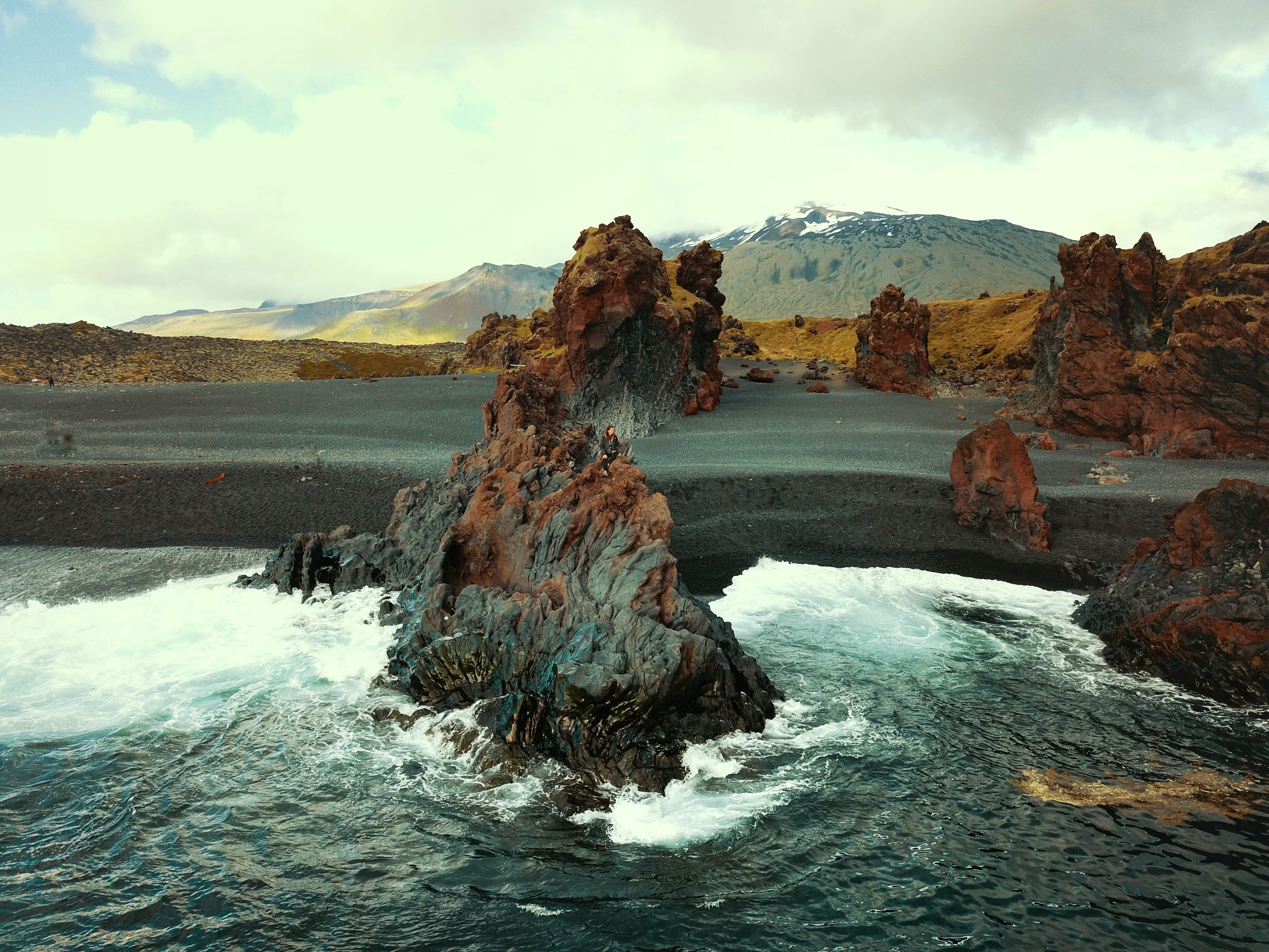 snaefellsnes, flowing water, 4K, cloud - sky, tranquility, beauty in nature, blacksands, non-urban scene, aquatic sport, outdoors, glacier, iceland, mountain, HD Wallpaper