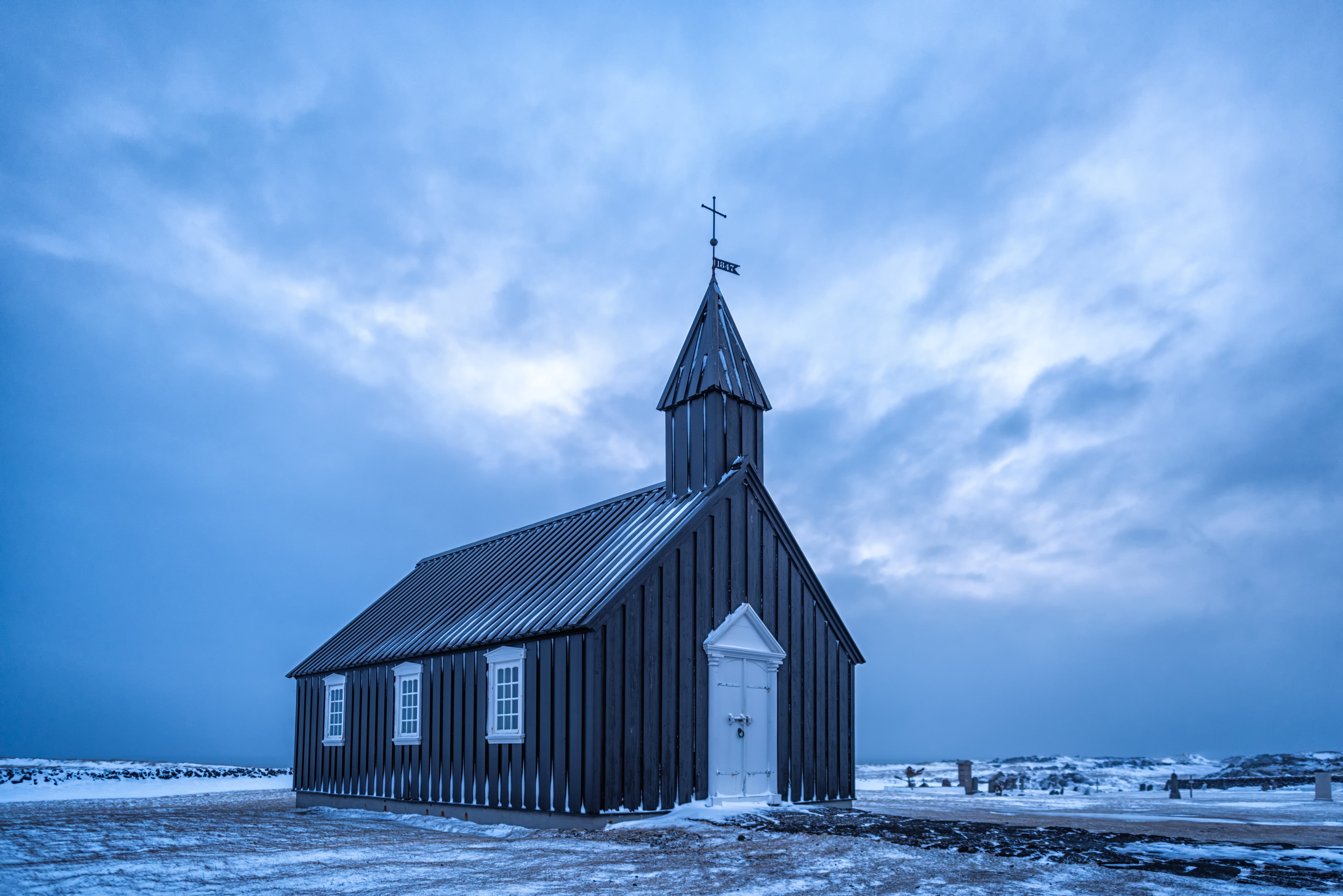 Snaefellsnes Peninsula, white, covered, chapel, Nineteenth century, snow, Blue hour, hotel Budir, 5K, blue, cloudy, winter, sky, christianity, architecture, HD Wallpaper