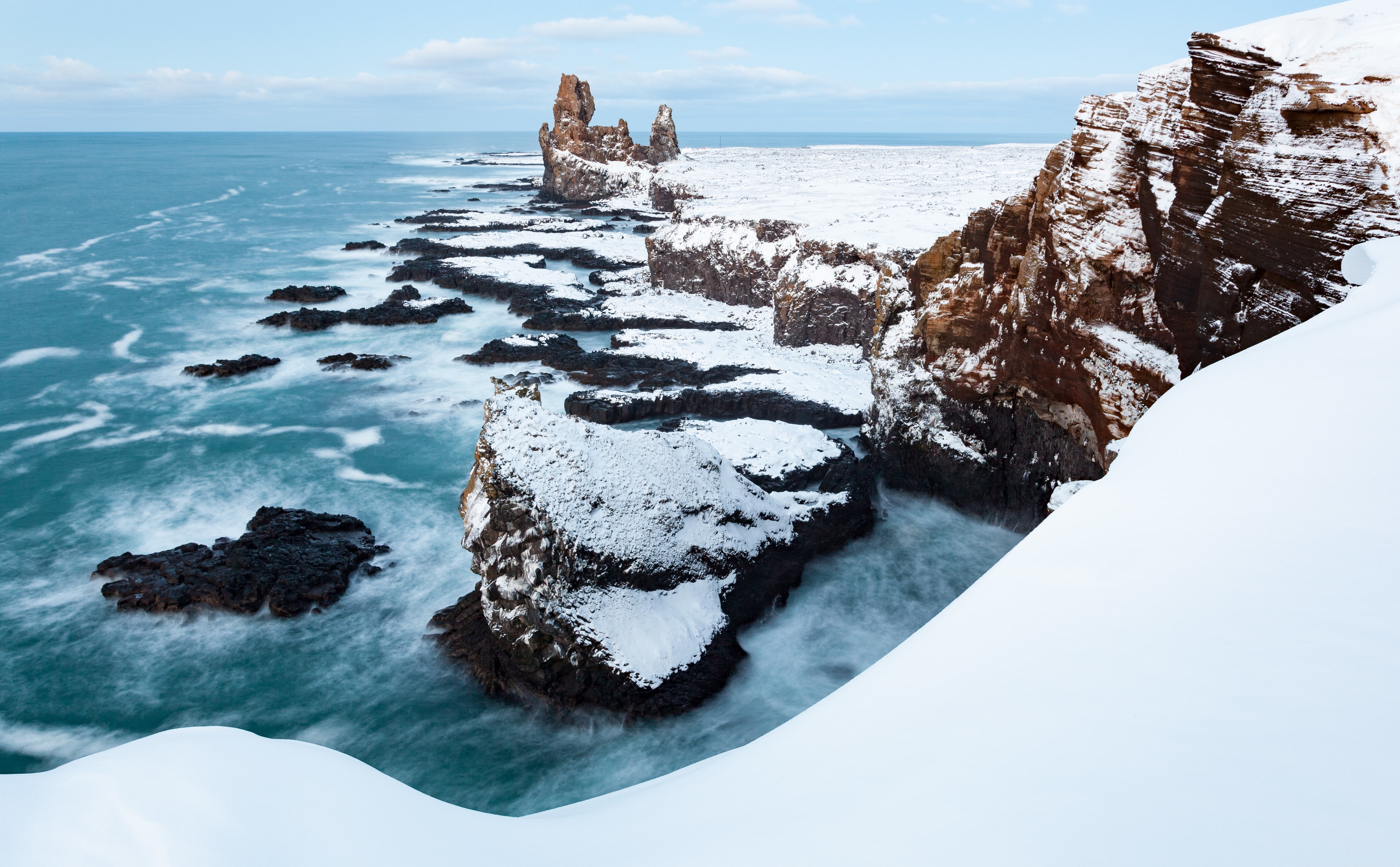 Europe, Snow, erosion, sky, Winter, pinnacles, Travel, frozen, cold temperature, Peninsula, IcelandinMiniature, Nature, beauty in nature, ColdWater, Landscape, HD Wallpaper