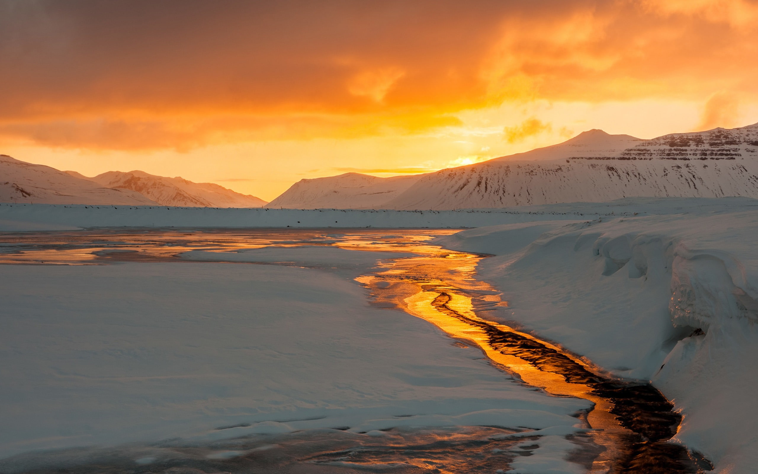 water, salt flat, orange color, photography, tranquility, beauty in nature, winter, sunset, 2K, snaefellsnes, tranquil scene, non-urban scene, cold temperature, HD Wallpaper