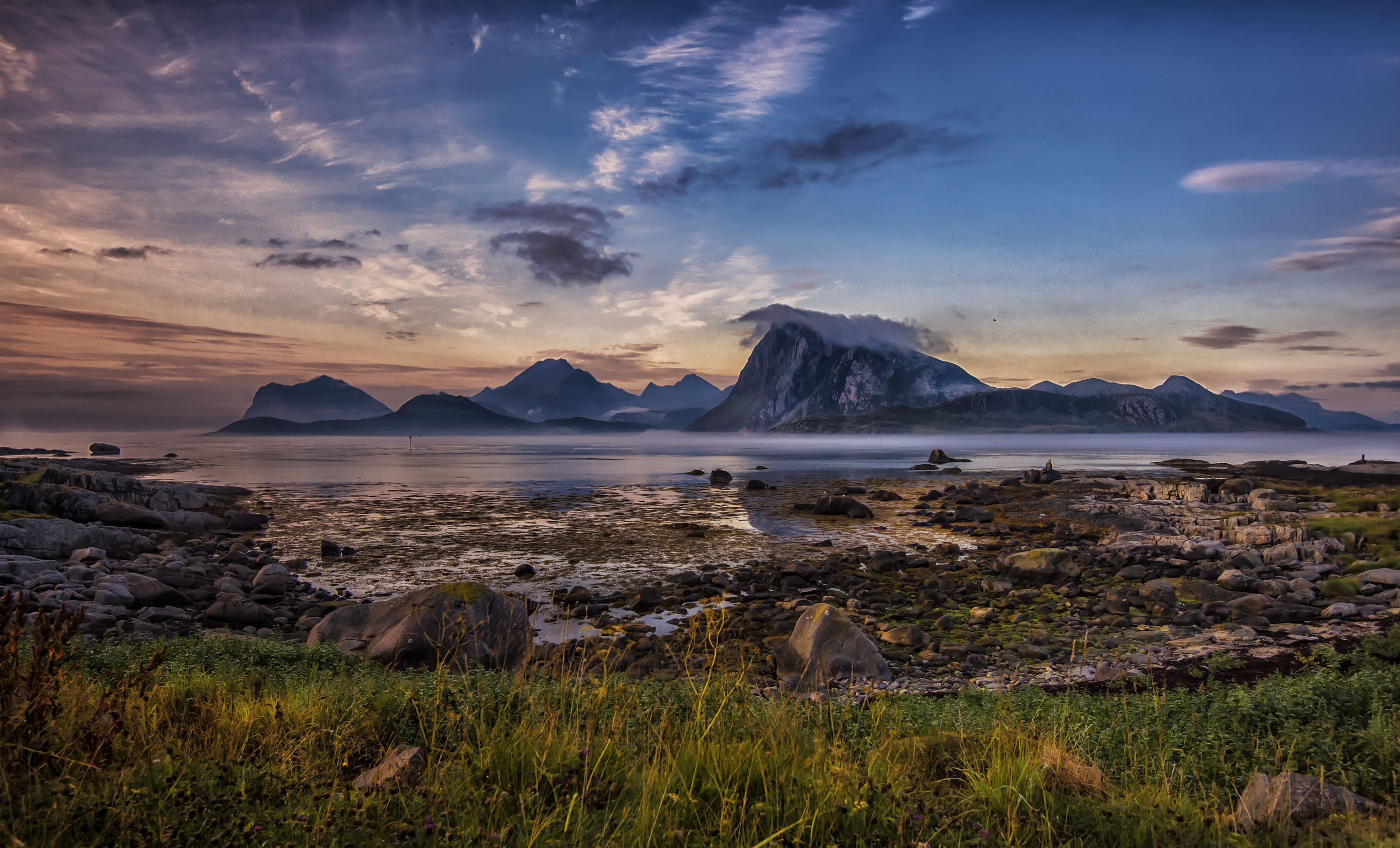 panoramic, sunrise - Dawn, volcanic Landscape, sea, travel Destinations, beach, tranquility, cloud - Sky, snow, sunset, travel, island, rock - Object, 2K, HD Wallpaper