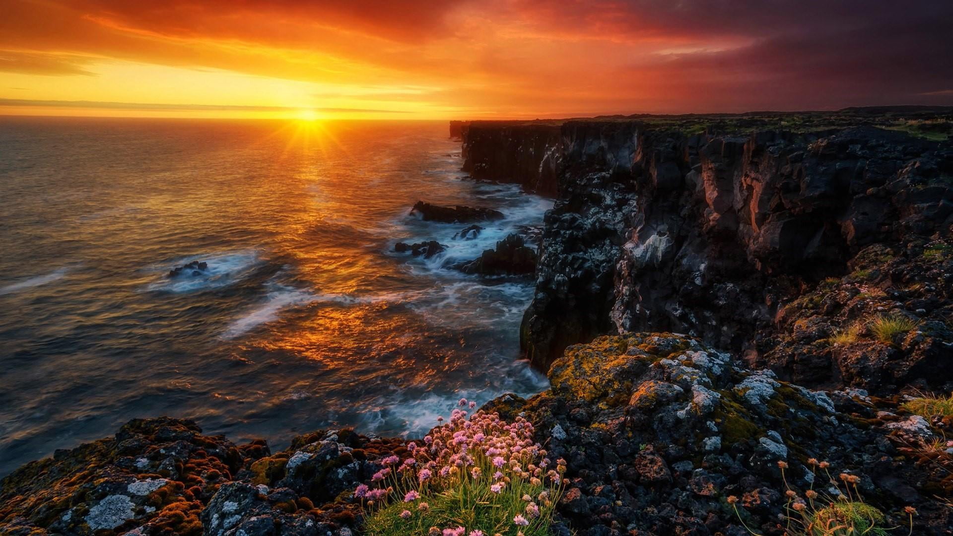 sun, coast, nature, cliff, sunset, 1080P, beauty in nature, outdoors, no people, sea, dawn, iceland, tranquility, ocean, water, rock, motion, shore, horizon over water, HD Wallpaper