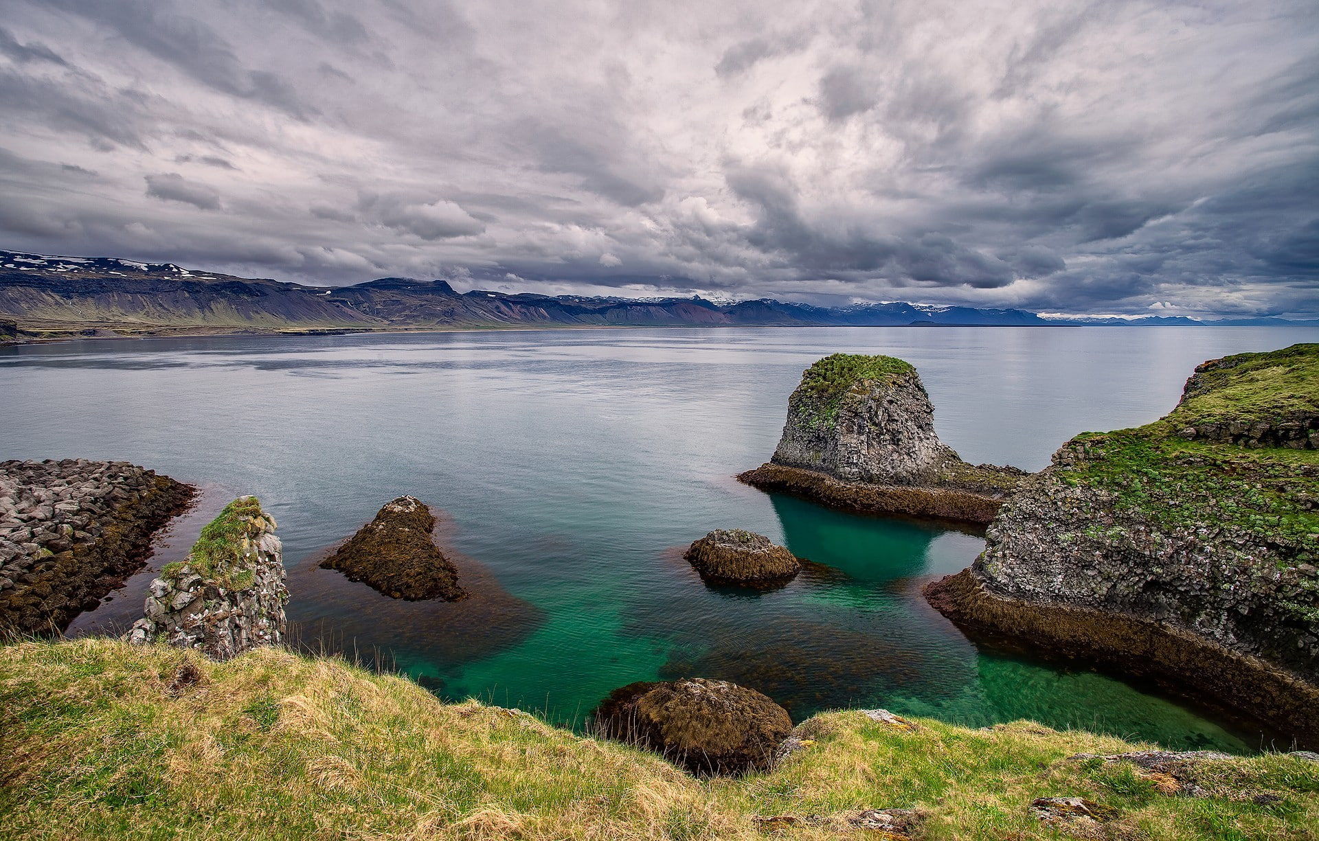 stones, grass, 1080P, snaefellsnes, lake, clouds, the sky, Iceland, nature, HD Wallpaper