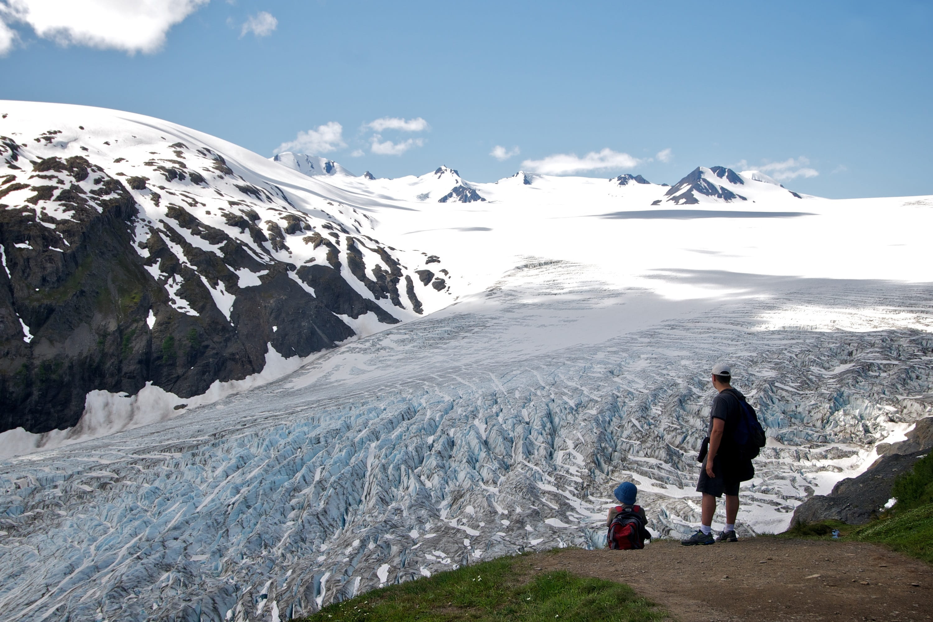 tourism, glacier, river, 2K, usa, mountain, hikers, alaska, landscape, beauty in nature, natural, men, leisure activity, scenics - nature, two people, HD Wallpaper