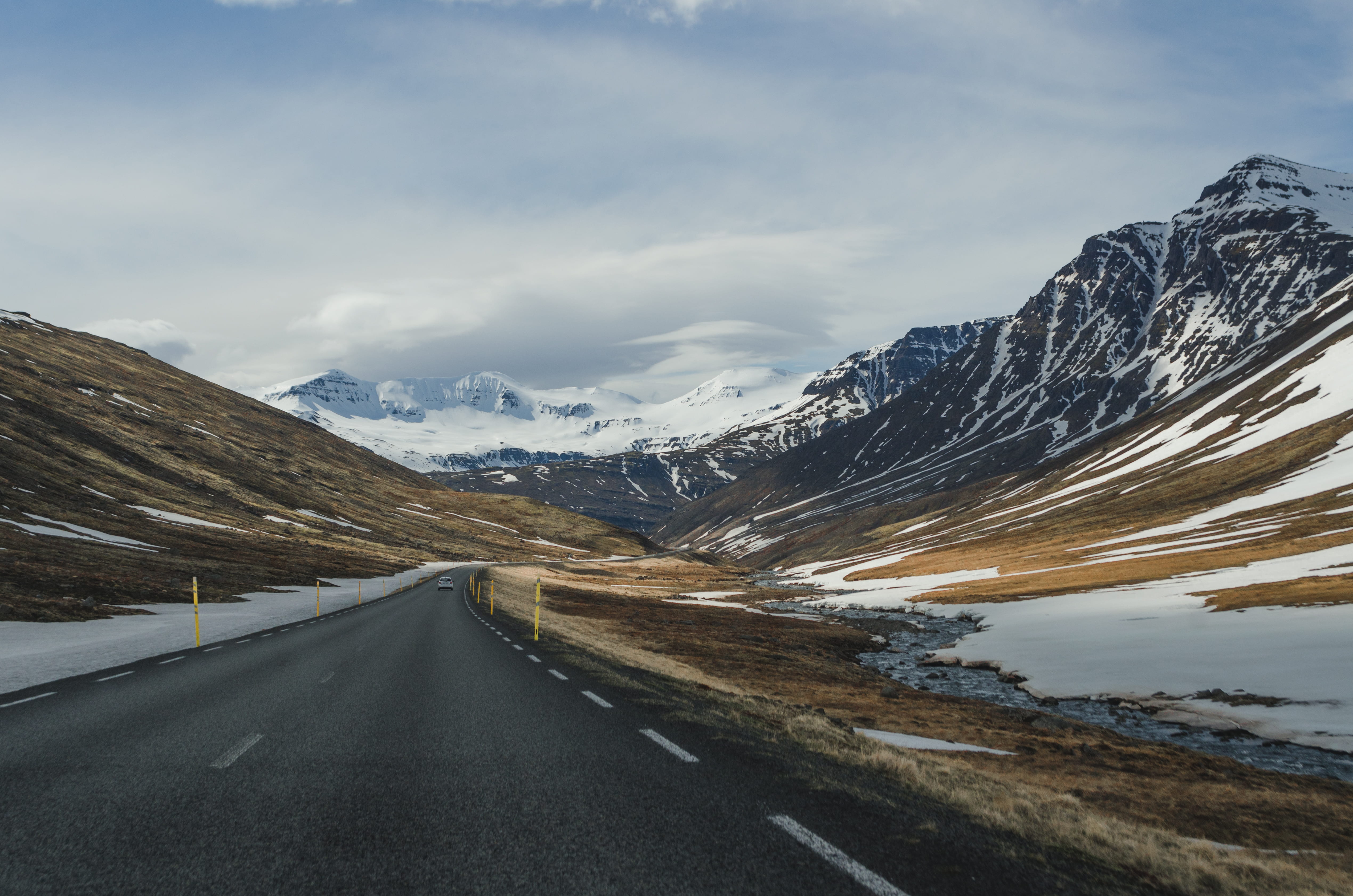 adventure, rugged, beside, transportation, outdoors, snow, sky, surrounded, mountain, 4K, cloud - sky, no people, beauty in nature, trip, cold temperature, HD Wallpaper
