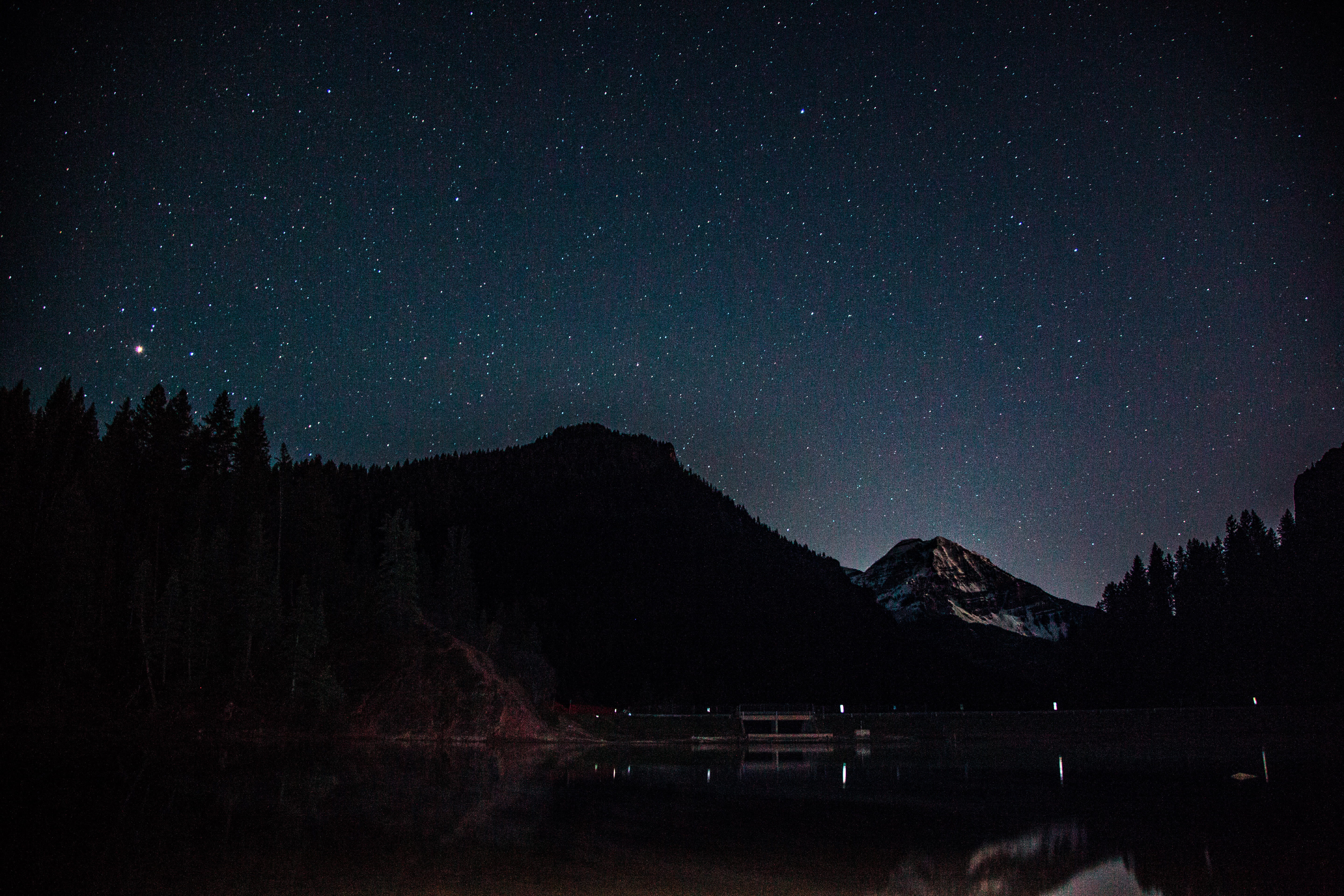 astrophotography, mountain Range, scenics, forest path, canada, hillside, sky, tree, snow, star Trail, star, nebula, looking out, constellation, night time, HD Wallpaper